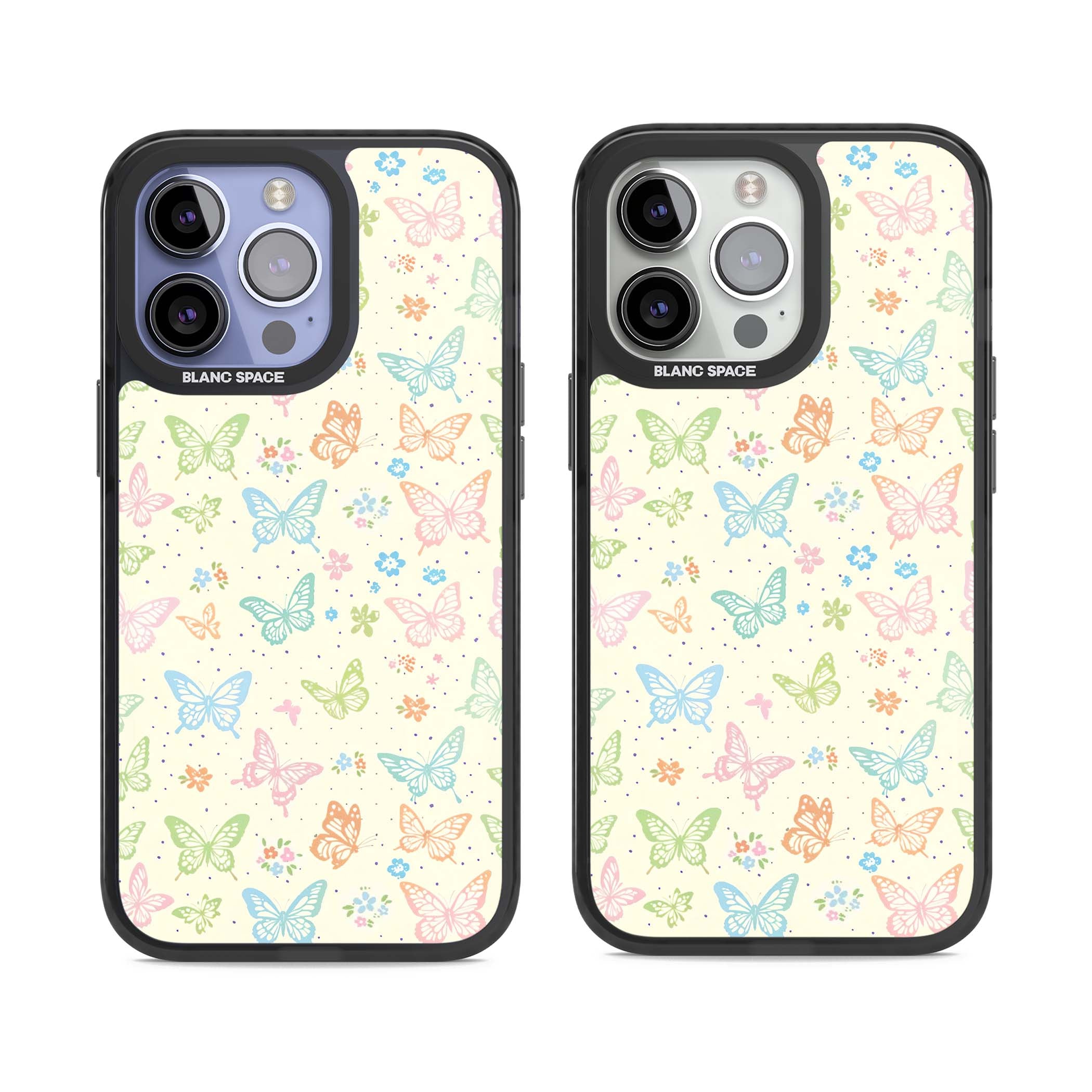 Sugar Wings cottagecore iPhone case featuring rainbow pastel butterflies, tiny wildflowers, and a cream background | Black Impact case for iPhone 13 Pro, iPhone 14 Pro, iPhone 15 Pro