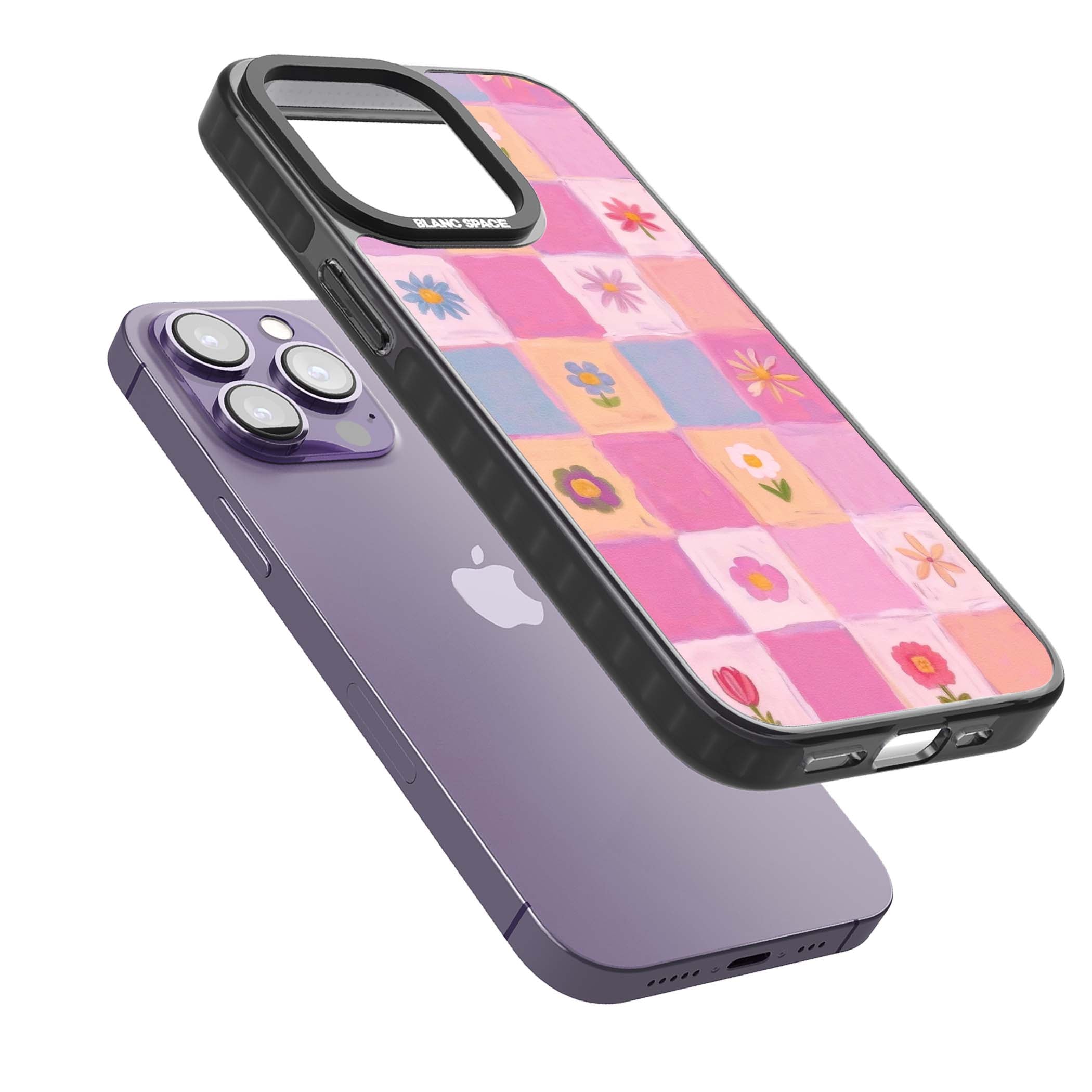Pastel Flower Patchwork cottagecore iPhone case featuring painted pink and lilac squares with daisies and wildflowers | Black Impact case for iPhone 13 Pro, iPhone 14 Pro, iPhone 15 Pro