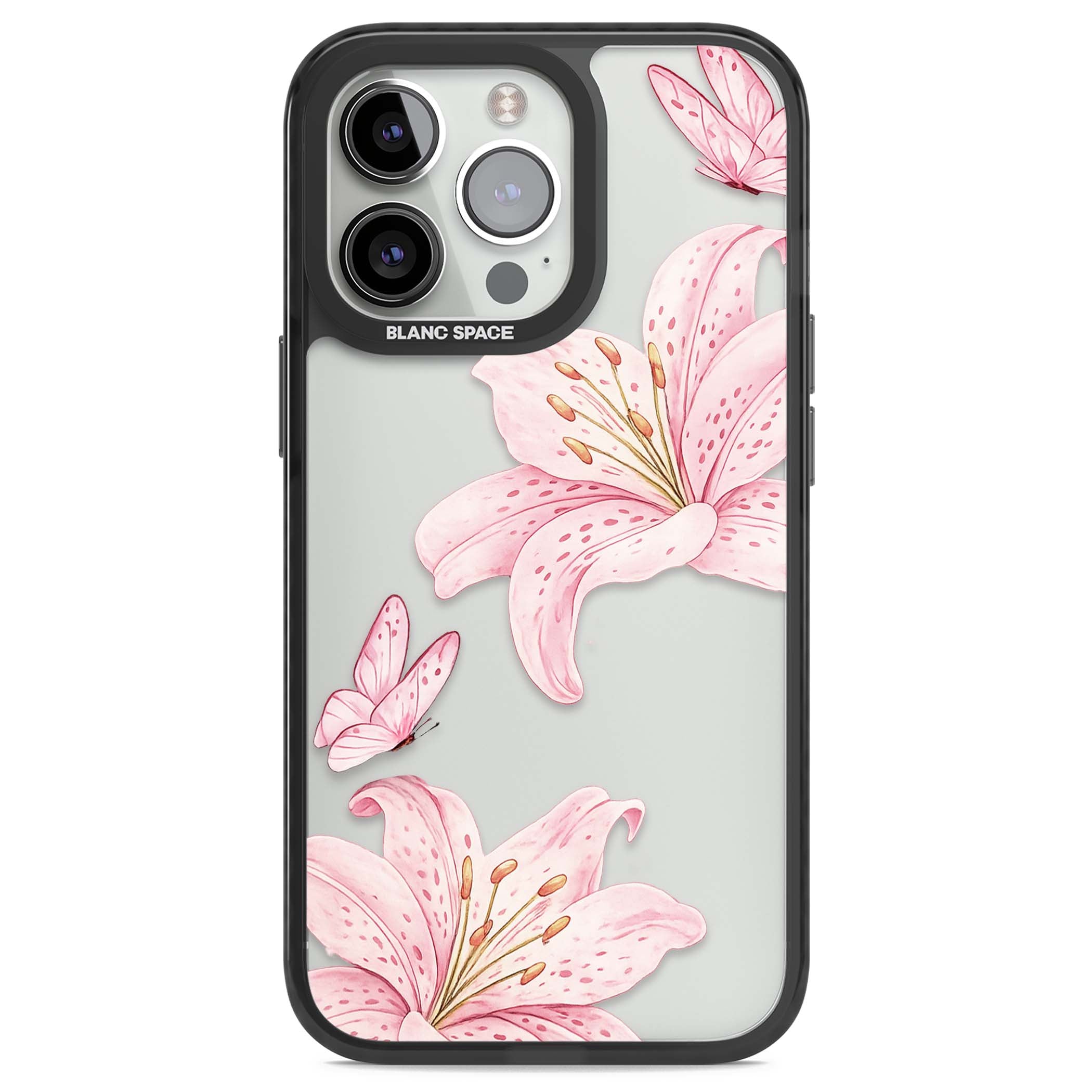 Lily Whisper floral iPhone case featuring pink watercolour lilies and delicate butterflies on a clear background | Black Impact case for iPhone 13 Pro, iPhone 14 Pro, iPhone 15 Pro