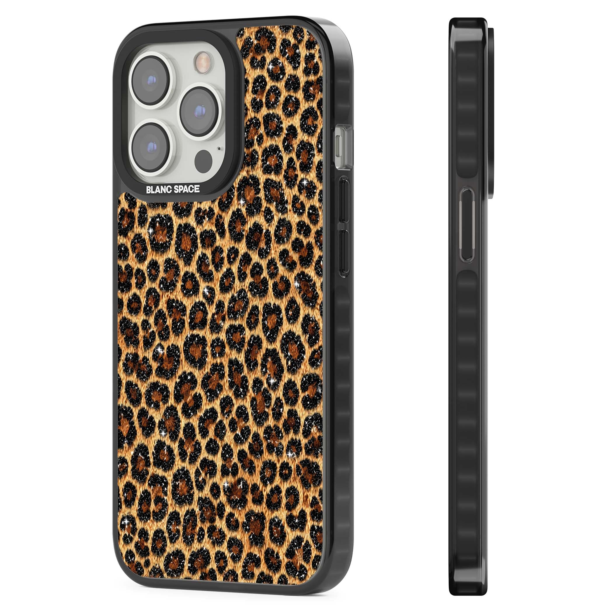 Diamond Leopard leopard print iPhone case featuring golden tan fur, black rosette spots and subtle glitter sparkle | Black Impact case for iPhone 13 Pro, iPhone 14 Pro, iPhone 15 Pro