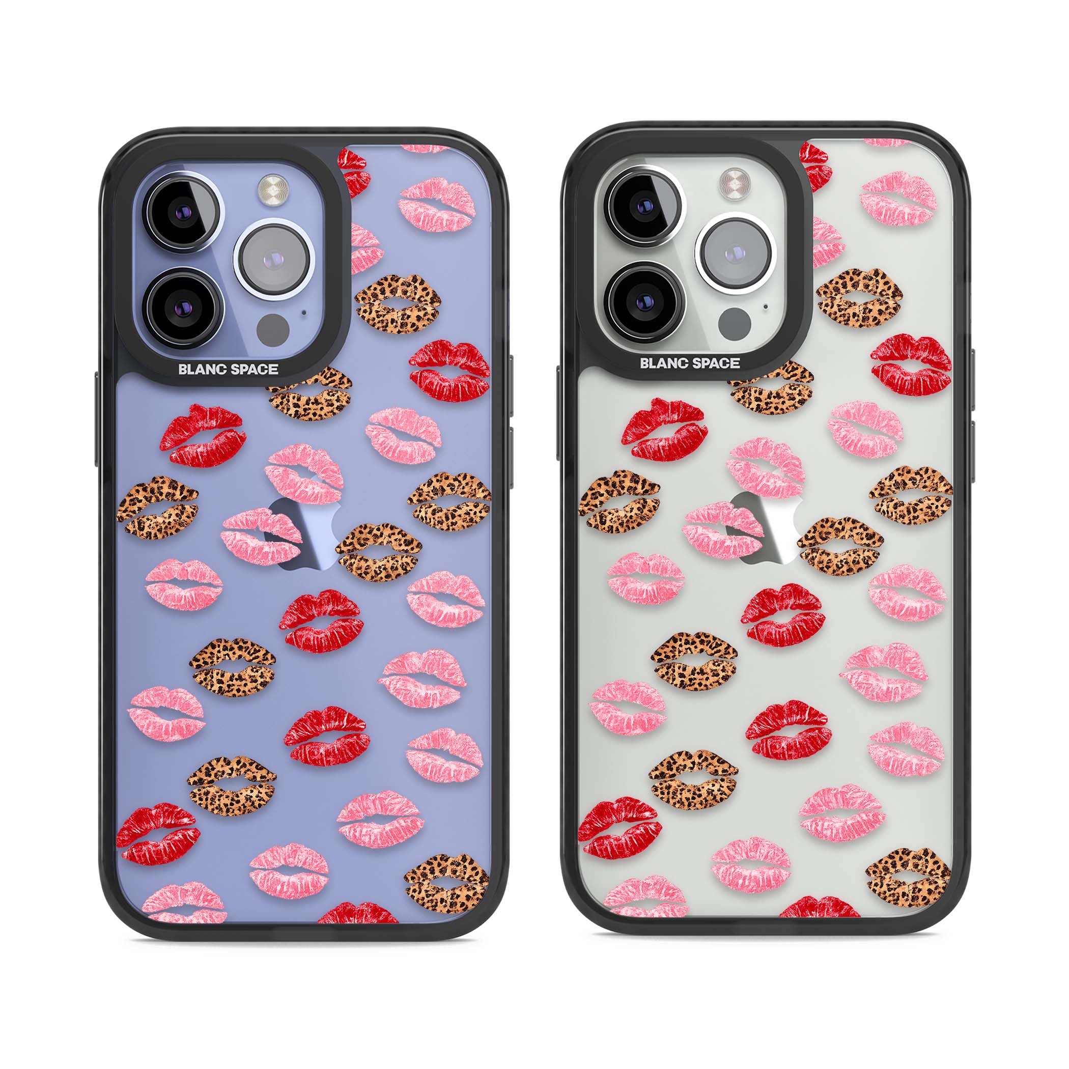 Wild Kisses coquette iPhone case featuring red, pink and leopard print lipstick kiss marks on a clear background | Black Impact case for iPhone 13 Pro, iPhone 14 Pro, iPhone 15 Pro