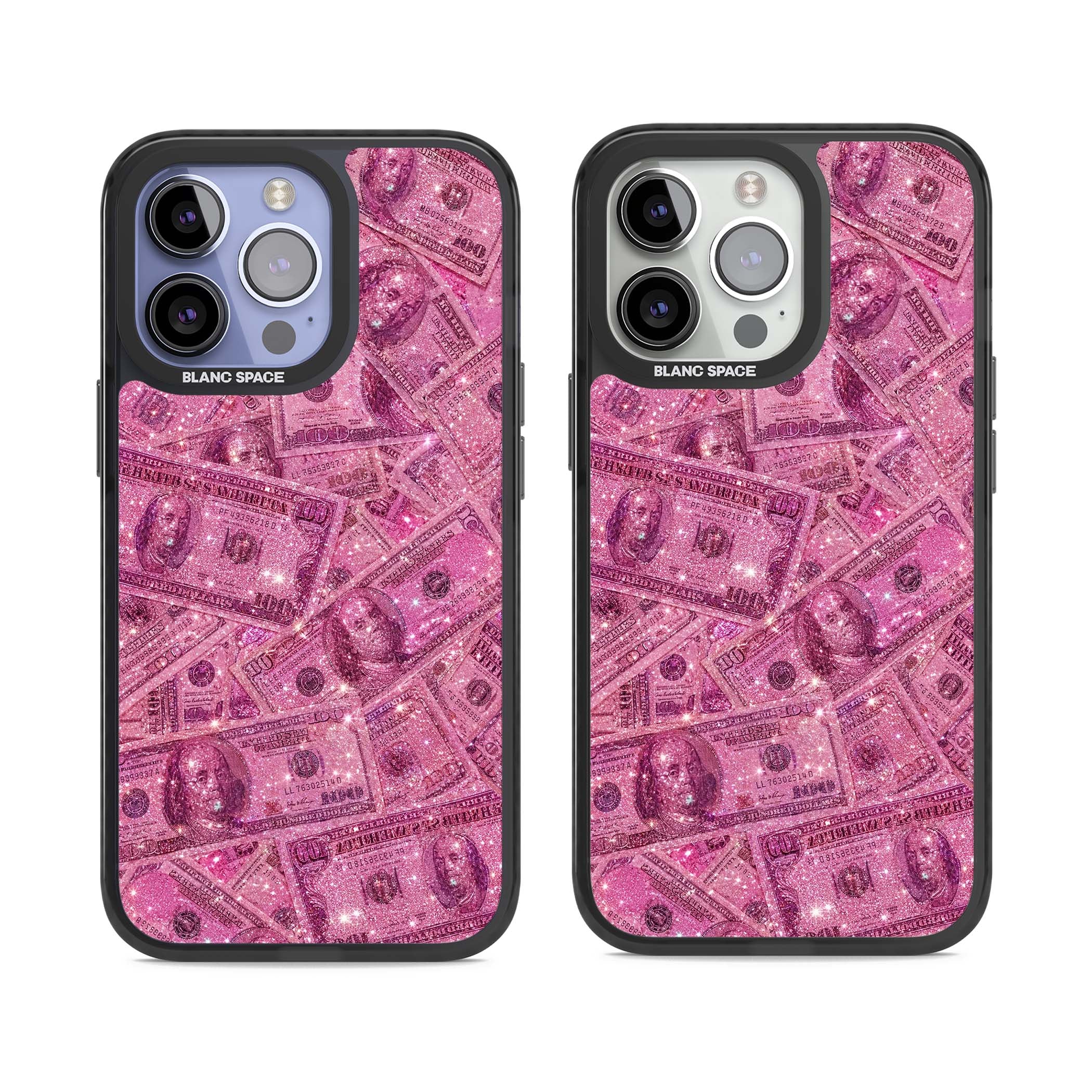 Glamorous baddie iPhone case featuring pink glitter hundred dollar bills and sparkling money wallpaper design | Black Impact case for iPhone 13 Pro, iPhone 14 Pro, iPhone 15 Pro