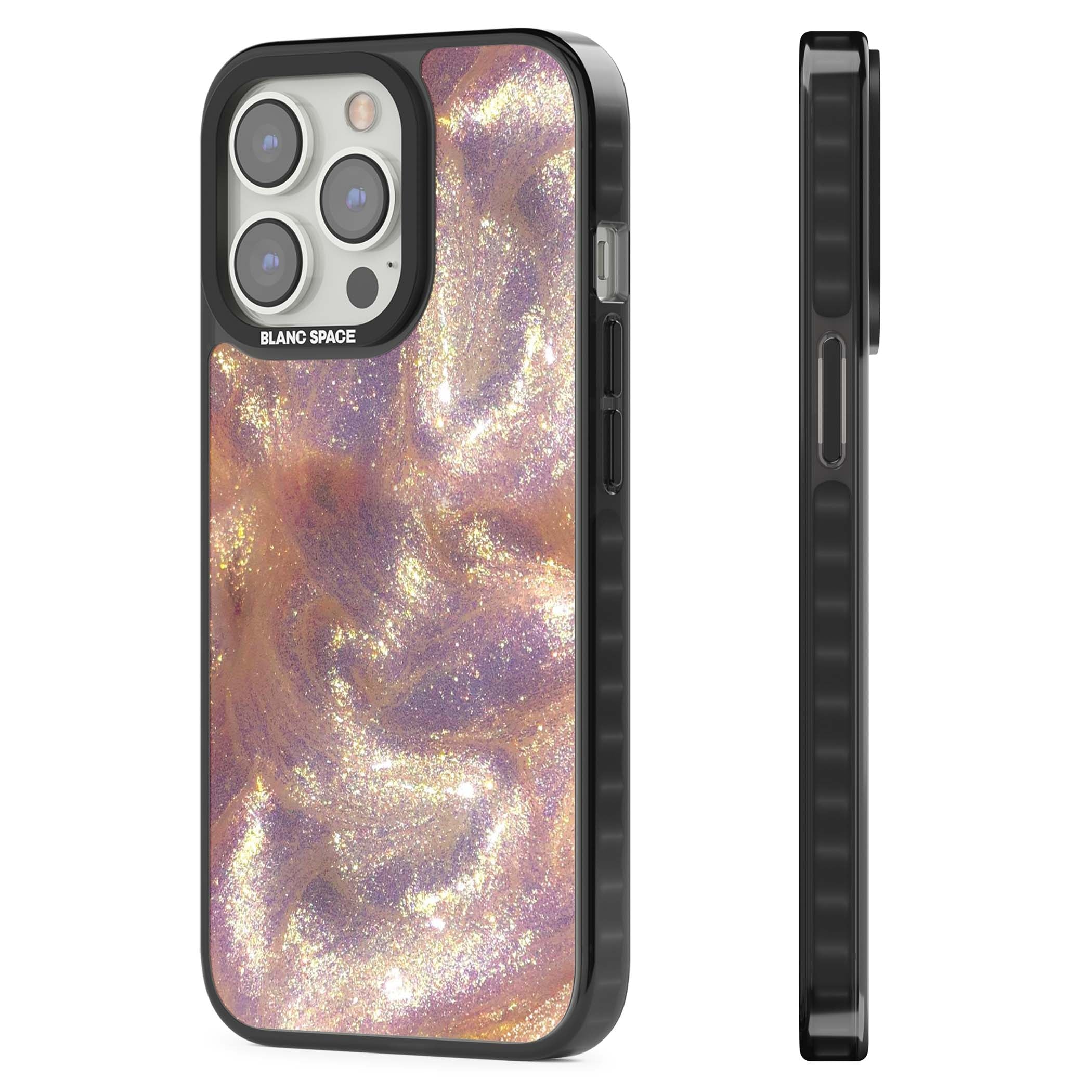 Shimmer marble iPhone case featuring rose gold glitter swirls, lilac shimmer and iridescent pearl finish | Black Impact case for iPhone 13 Pro, iPhone 14 Pro, iPhone 15 Pro
