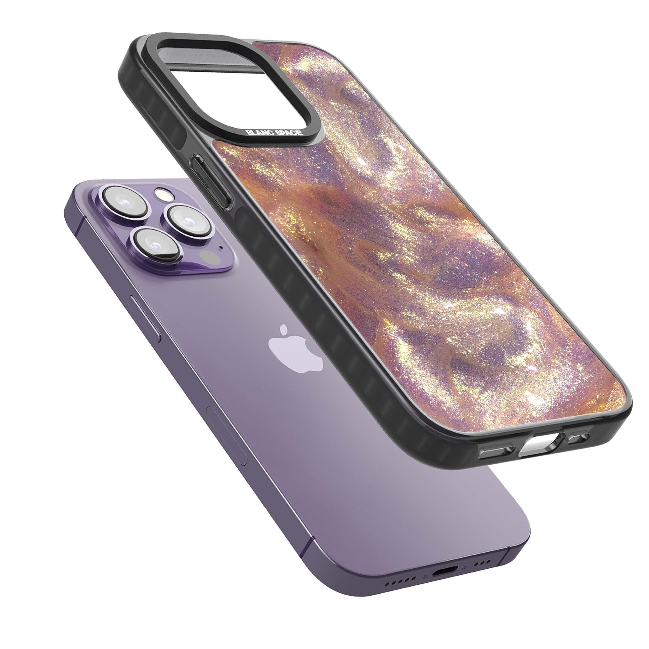 Shimmer marble iPhone case featuring rose gold glitter swirls, lilac shimmer and iridescent pearl finish | Black Impact case for iPhone 13 Pro, iPhone 14 Pro, iPhone 15 Pro