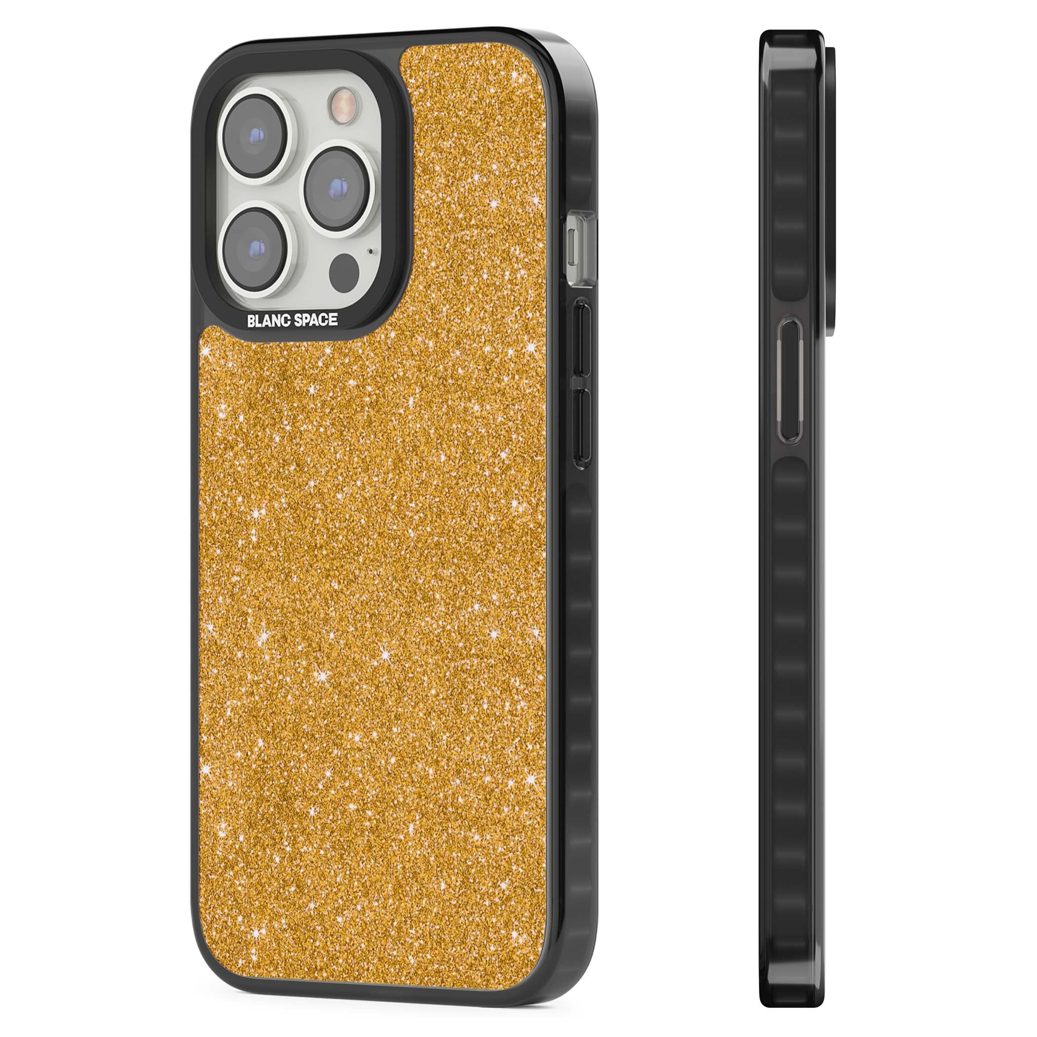 Gold Glitter gold glitter iPhone case featuring a shimmering sparkle wallpaper design in luxury gold | Black Impact case for iPhone 13 Pro, iPhone 14 Pro, iPhone 15 Pro