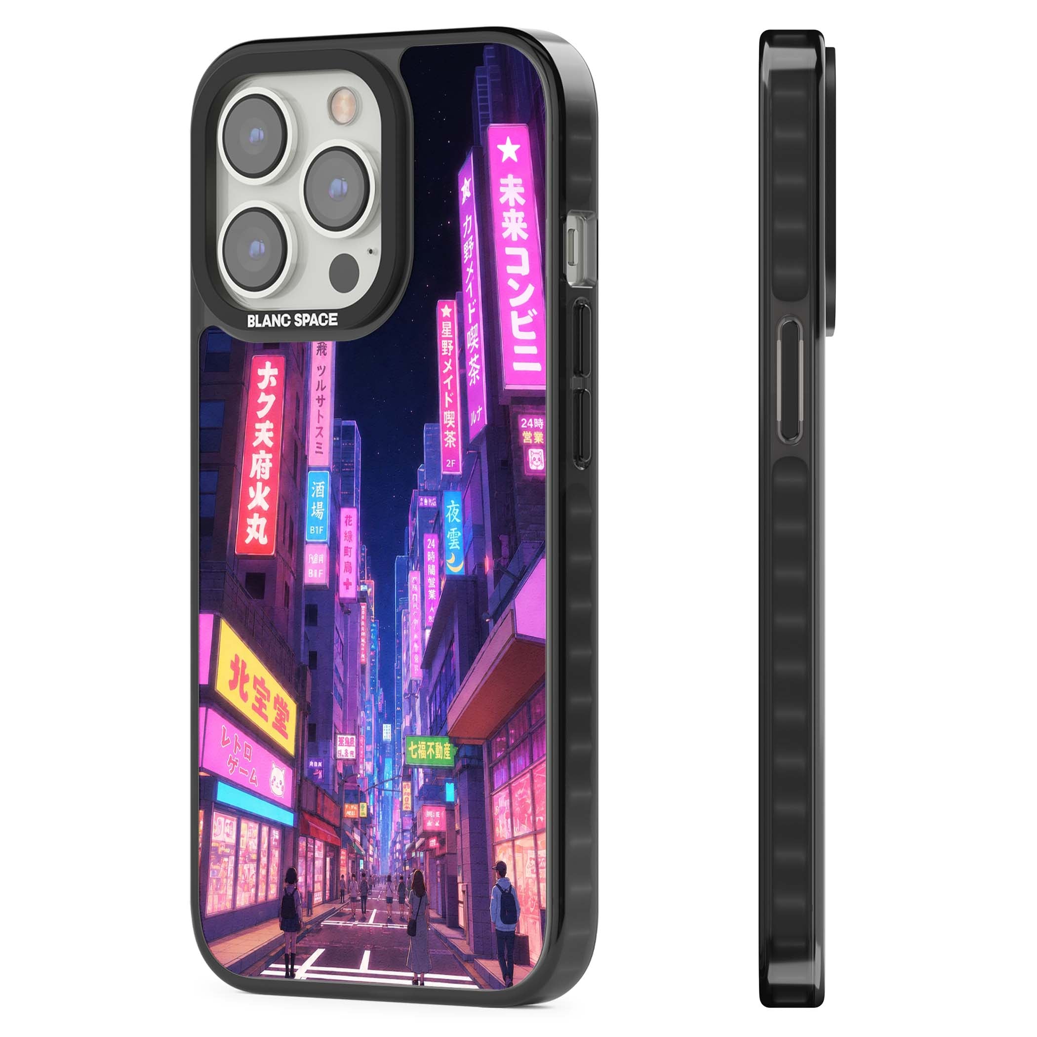 Shibuya At Night Japanese neon city iPhone case featuring glowing kanji signs, pink storefronts and a Tokyo street at n | Black Impact case for iPhone 13 Pro, iPhone 14 Pro, iPhone 15 Pro