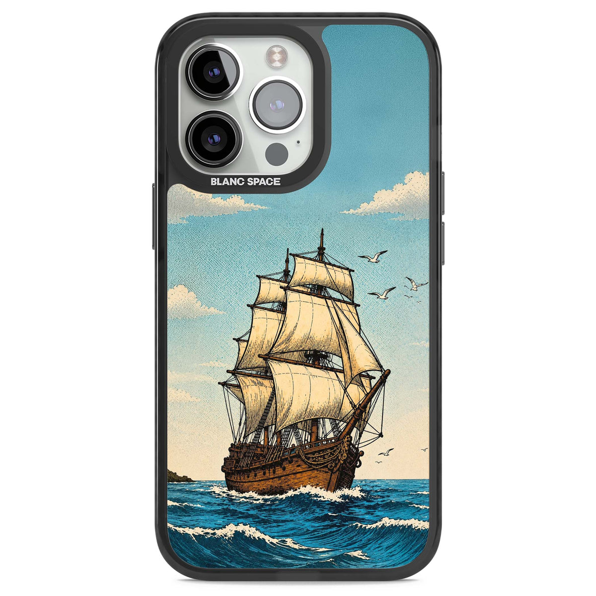 Ship at Sea nautical iPhone case featuring a vintage tall ship, ocean waves and seagulls | Black Impact case for iPhone 13 Pro, iPhone 14 Pro, iPhone 15 Pro