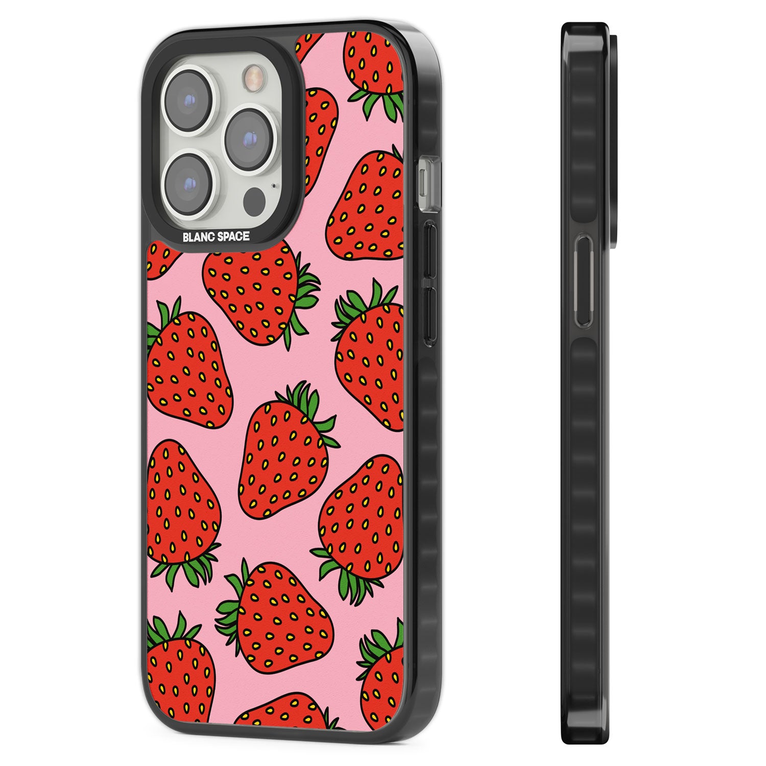 Strawberry Pattern (Pink) Black Impact Phone Case for iPhone 13 Pro, iPhone 14 Pro, iPhone 15 Pro