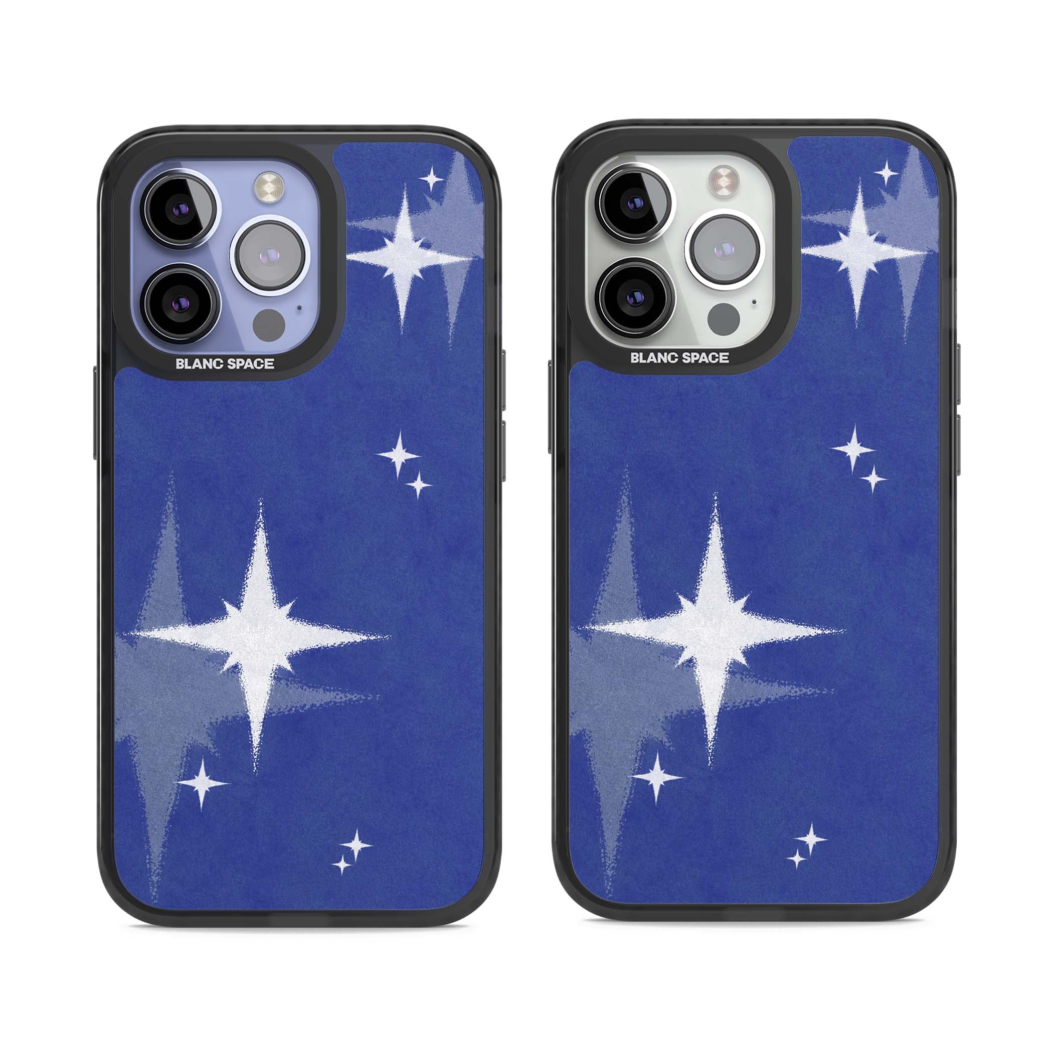 Blue Sparkle celestial iPhone case featuring sparkling silver stars on a deep blue painterly night sky | Black Impact case for iPhone 13 Pro, iPhone 14 Pro, iPhone 15 Pro