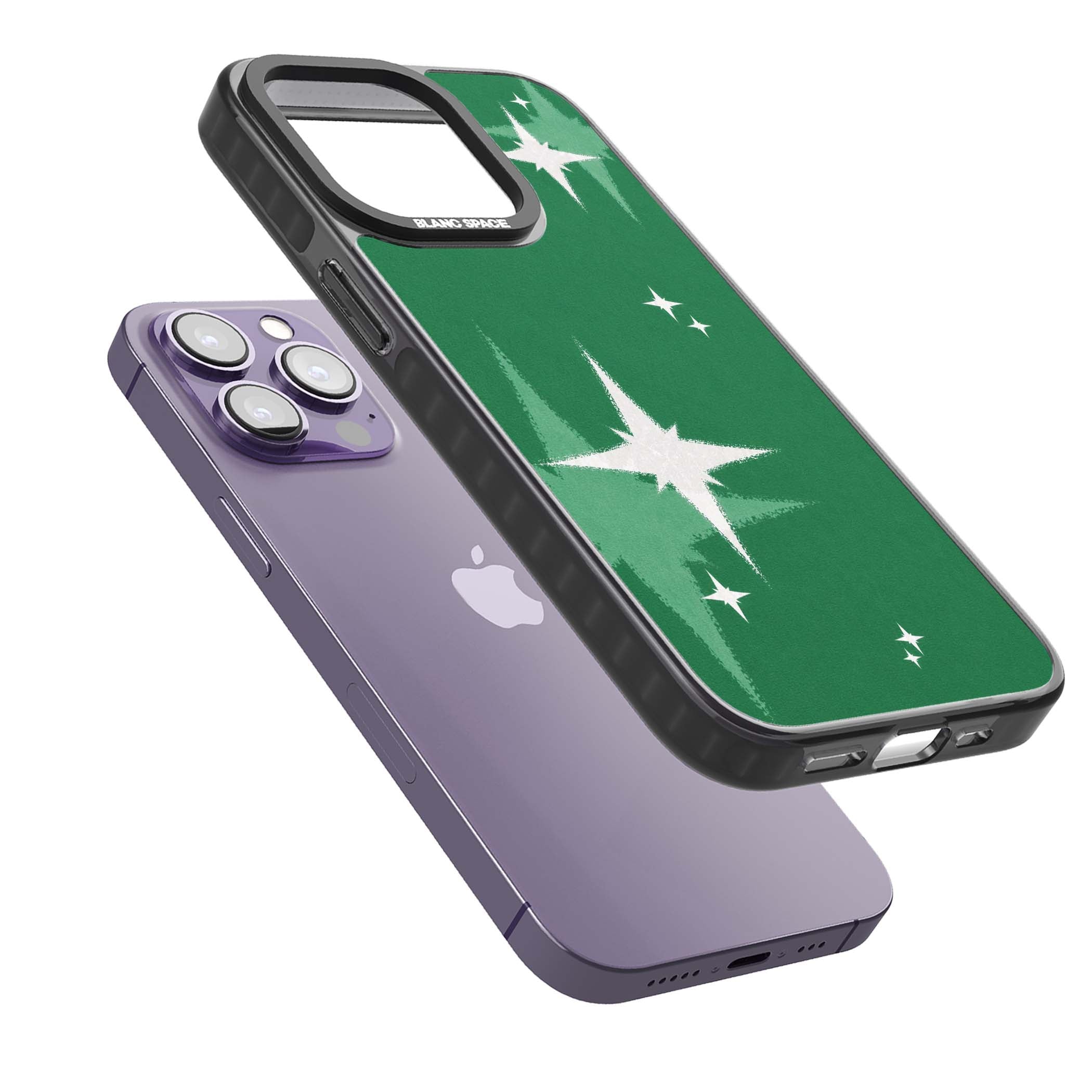 Green Sparkle celestial iPhone case featuring sparkling white four-point stars on a deep green background | Black Impact case for iPhone 13 Pro, iPhone 14 Pro, iPhone 15 Pro
