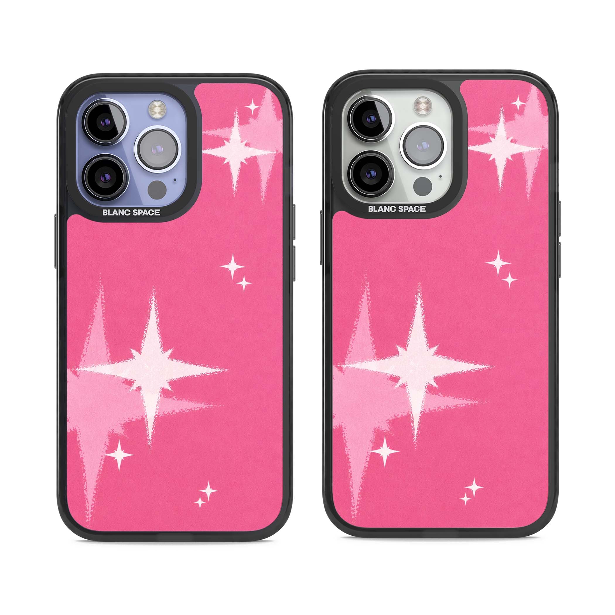 Pink Sparkle Y2K iPhone case featuring hot pink background with shimmering white starburst pattern | Black Impact case for iPhone 13 Pro, iPhone 14 Pro, iPhone 15 Pro