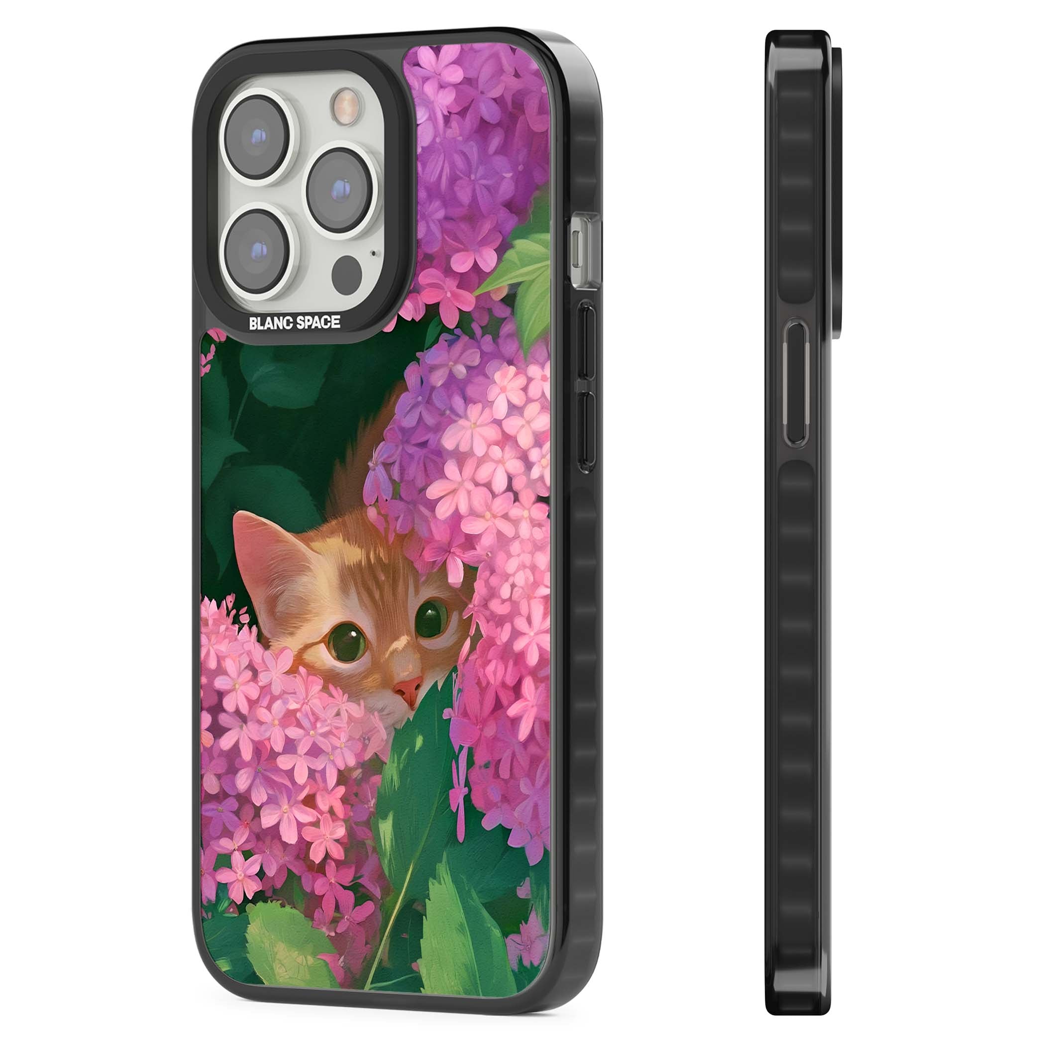 Cat In Pink Flowers cottagecore iPhone case featuring a ginger kitten peeking through lilac and pink hydrangea flo | Black Impact case for iPhone 13 Pro, iPhone 14 Pro, iPhone 15 Pro