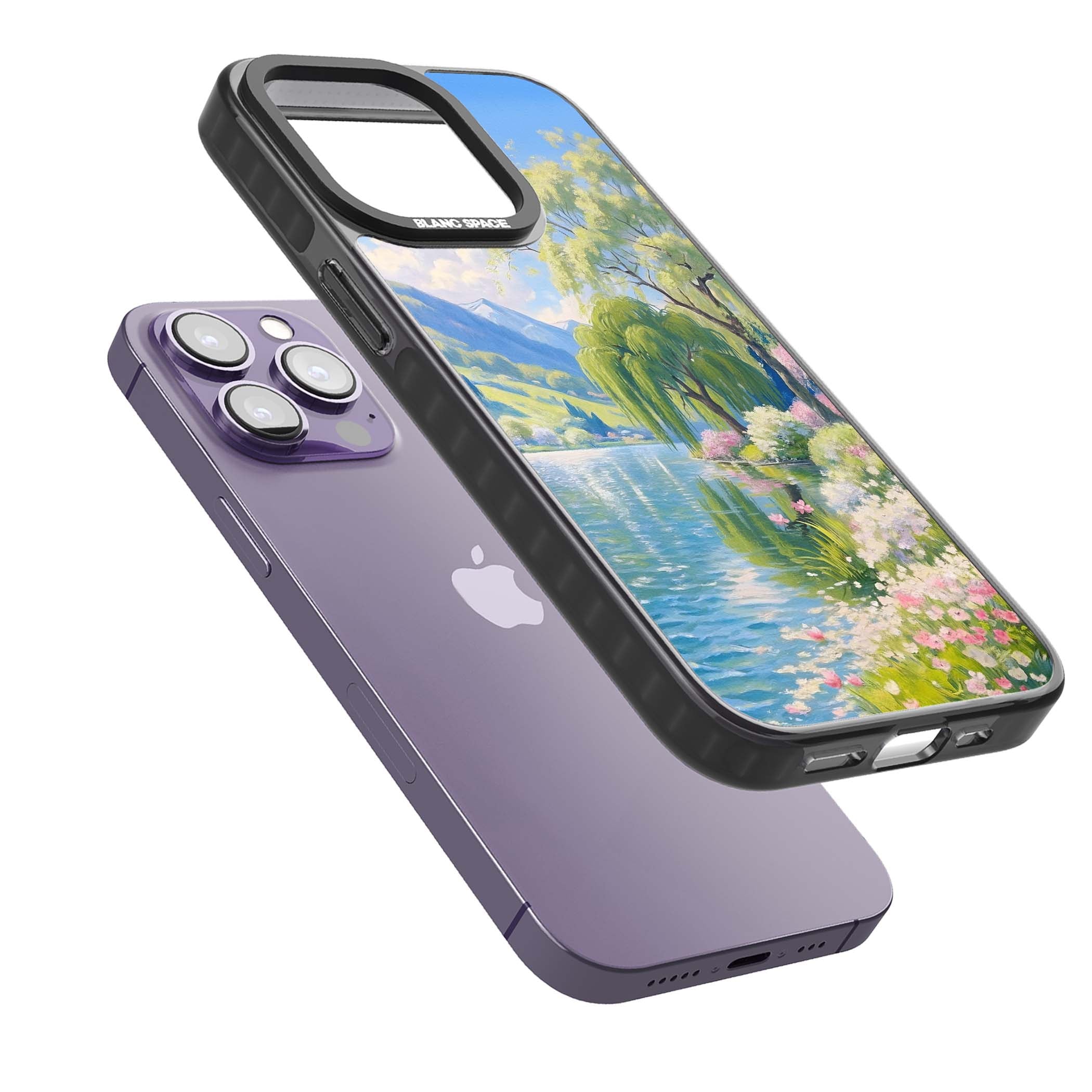 Willow Lake cottagecore iPhone case featuring a painted lakeside with weeping willow, blossoms and distant mountains | Black Impact case for iPhone 13 Pro, iPhone 14 Pro, iPhone 15 Pro