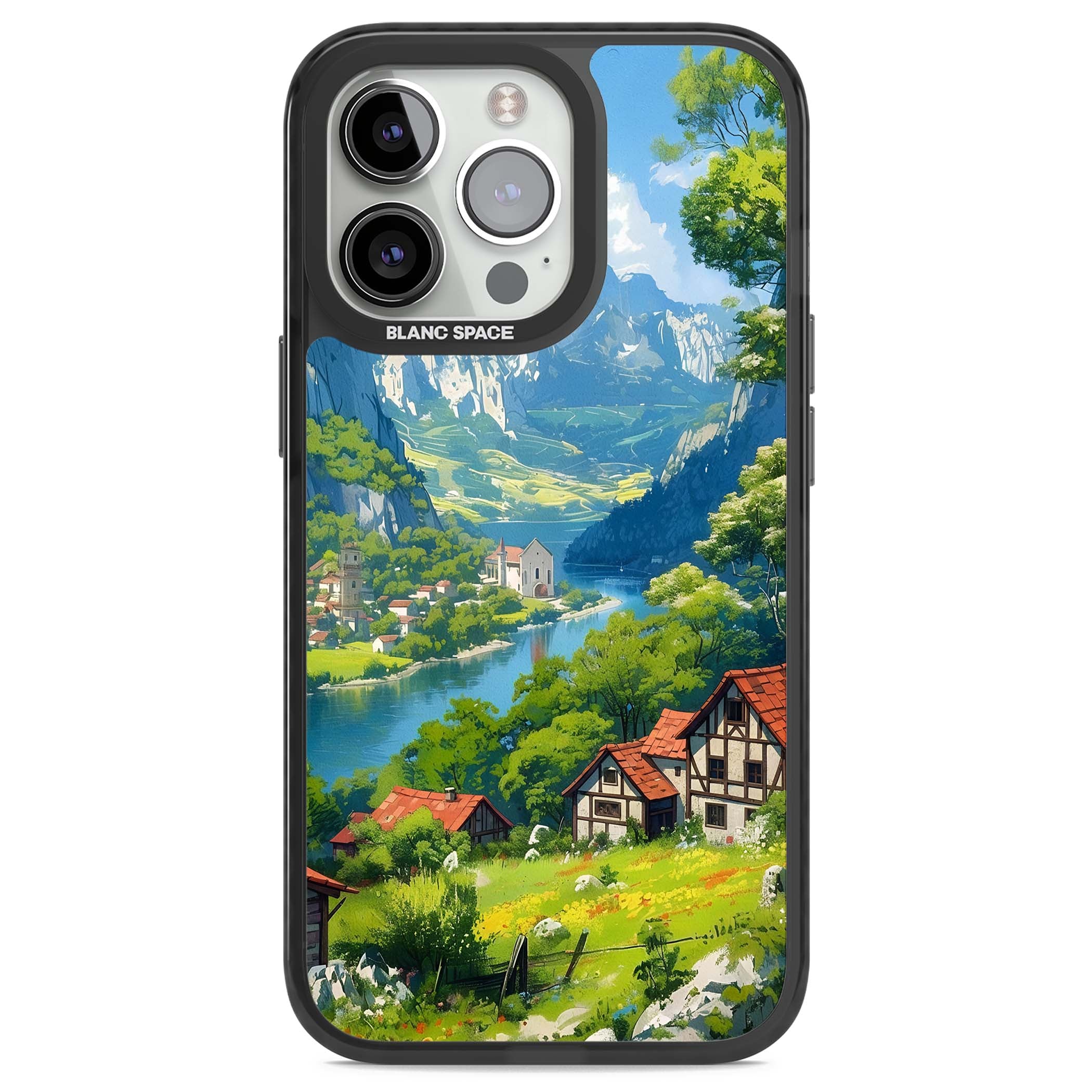 Village In The Valley anime iPhone case featuring a painted mountain village, river valley and half-timbered cottages. | Black Impact case for iPhone 13 Pro, iPhone 14 Pro, iPhone 15 Pro