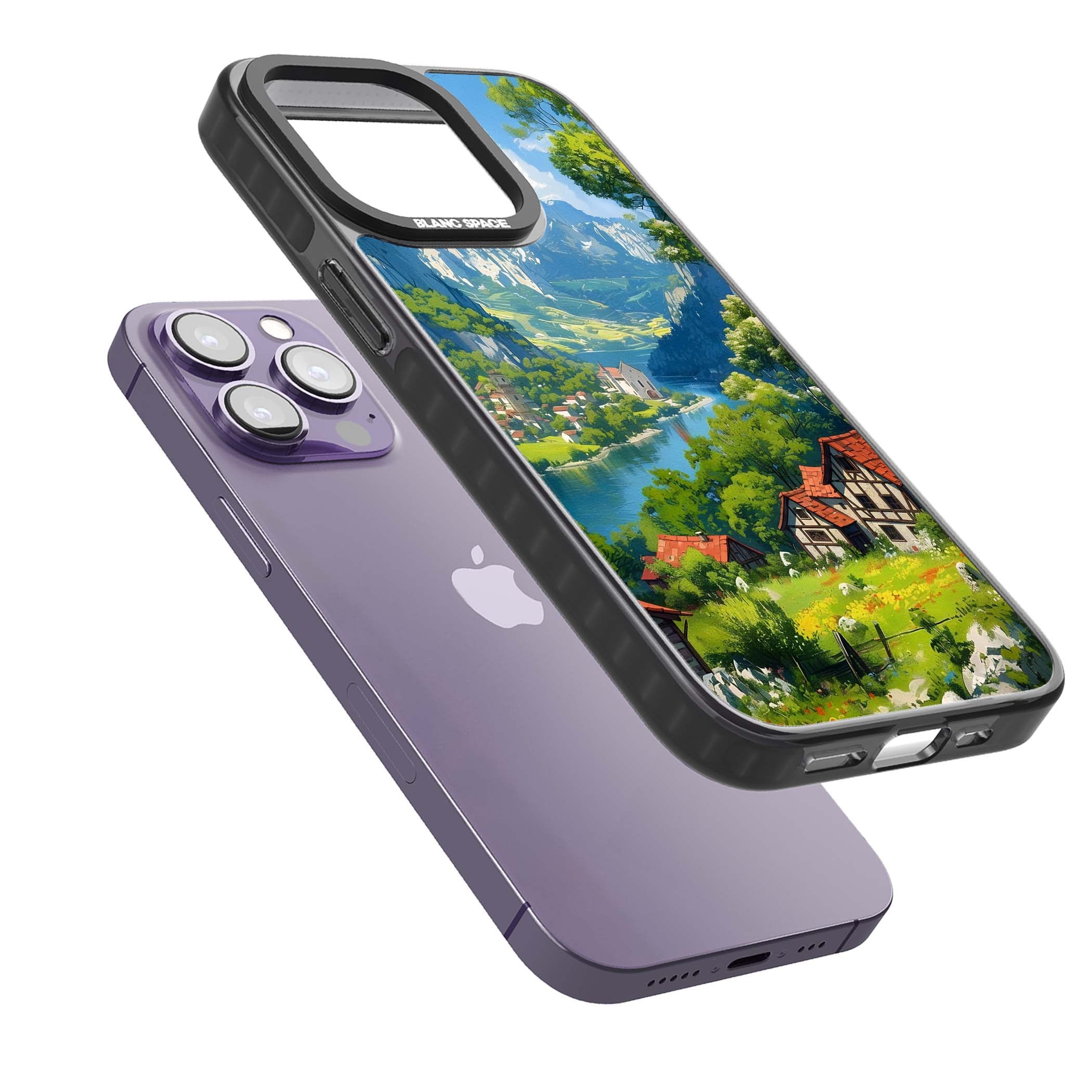 Village In The Valley anime iPhone case featuring a painted mountain village, river valley and half-timbered cottages. | Black Impact case for iPhone 13 Pro, iPhone 14 Pro, iPhone 15 Pro