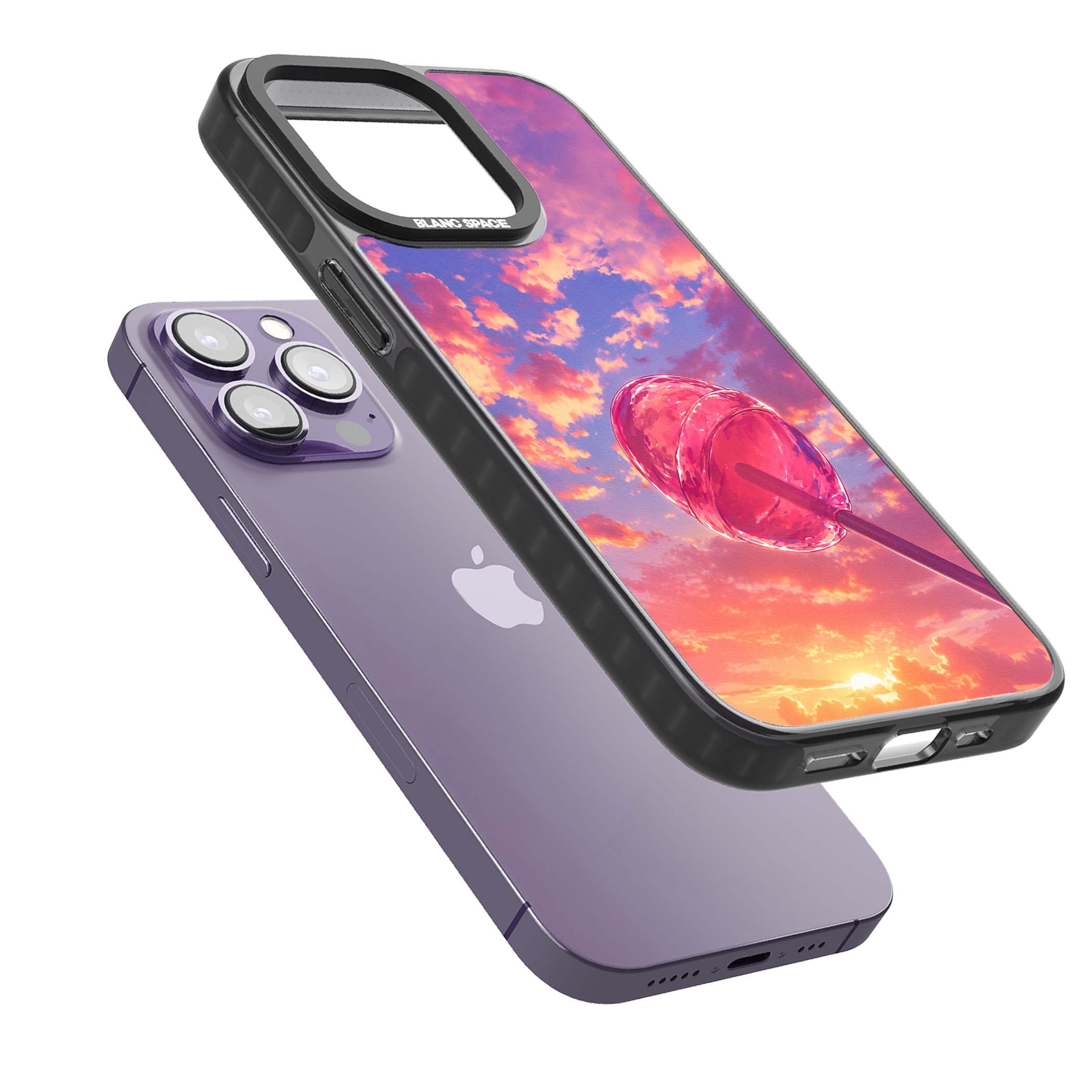 Sugar Sunset candy aesthetic iPhone case featuring a pink lollipop, pastel sunset sky and dreamy clouds | Black Impact case for iPhone 13 Pro, iPhone 14 Pro, iPhone 15 Pro