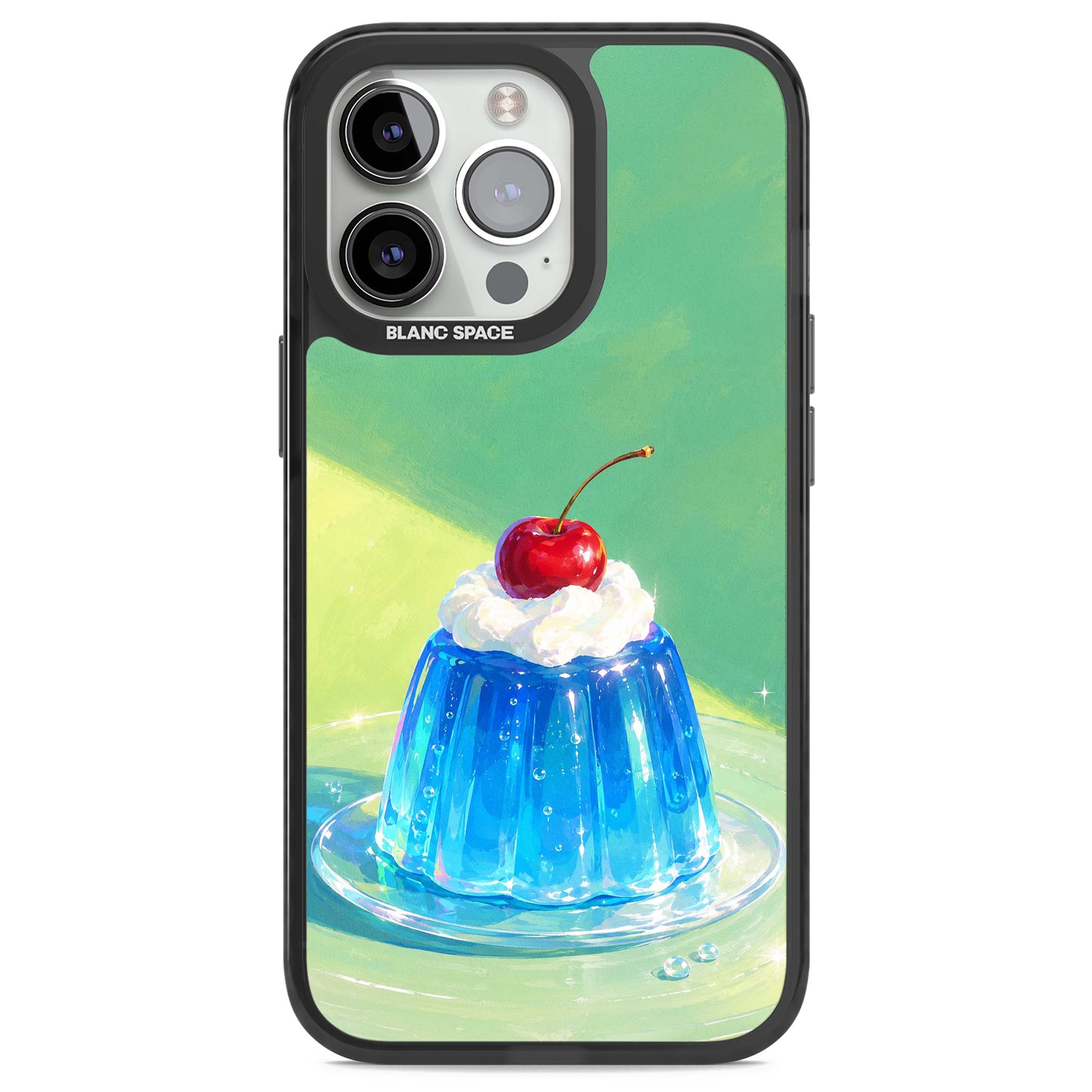 Cherry Jelly kawaii dessert iPhone case featuring blue jelly pudding, whipped cream and a red cherry | Black Impact case for iPhone 13 Pro, iPhone 14 Pro, iPhone 15 Pro