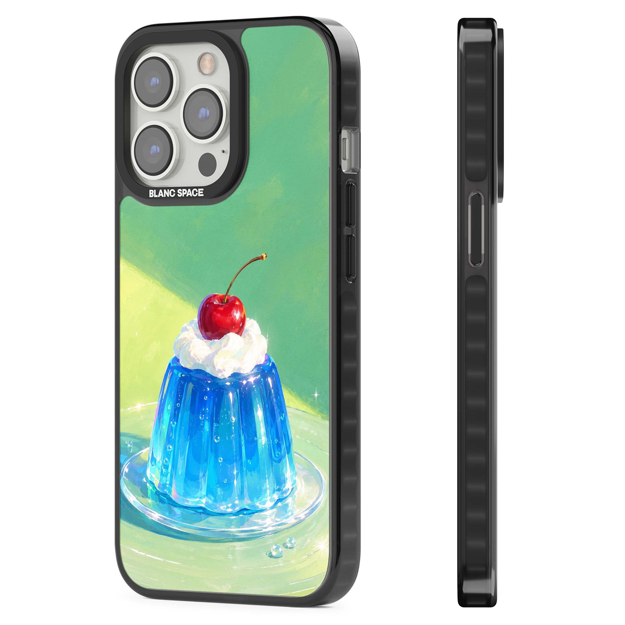 Cherry Jelly kawaii dessert iPhone case featuring blue jelly pudding, whipped cream and a red cherry | Black Impact case for iPhone 13 Pro, iPhone 14 Pro, iPhone 15 Pro