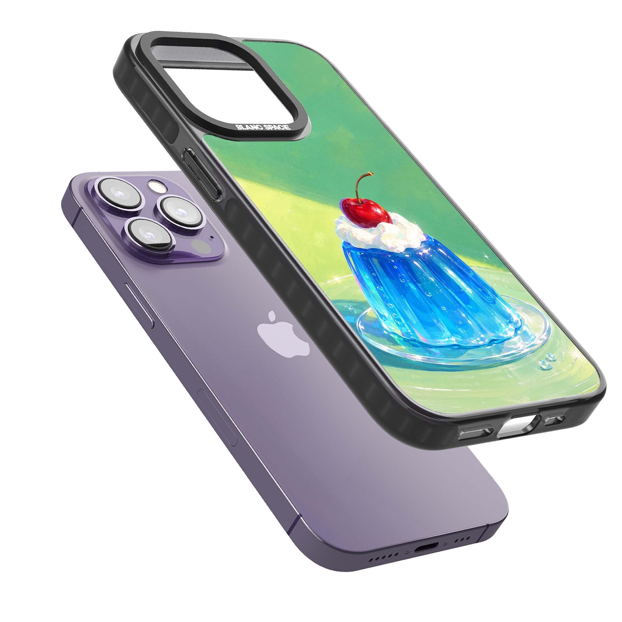 Cherry Jelly kawaii dessert iPhone case featuring blue jelly pudding, whipped cream and a red cherry | Black Impact case for iPhone 13 Pro, iPhone 14 Pro, iPhone 15 Pro