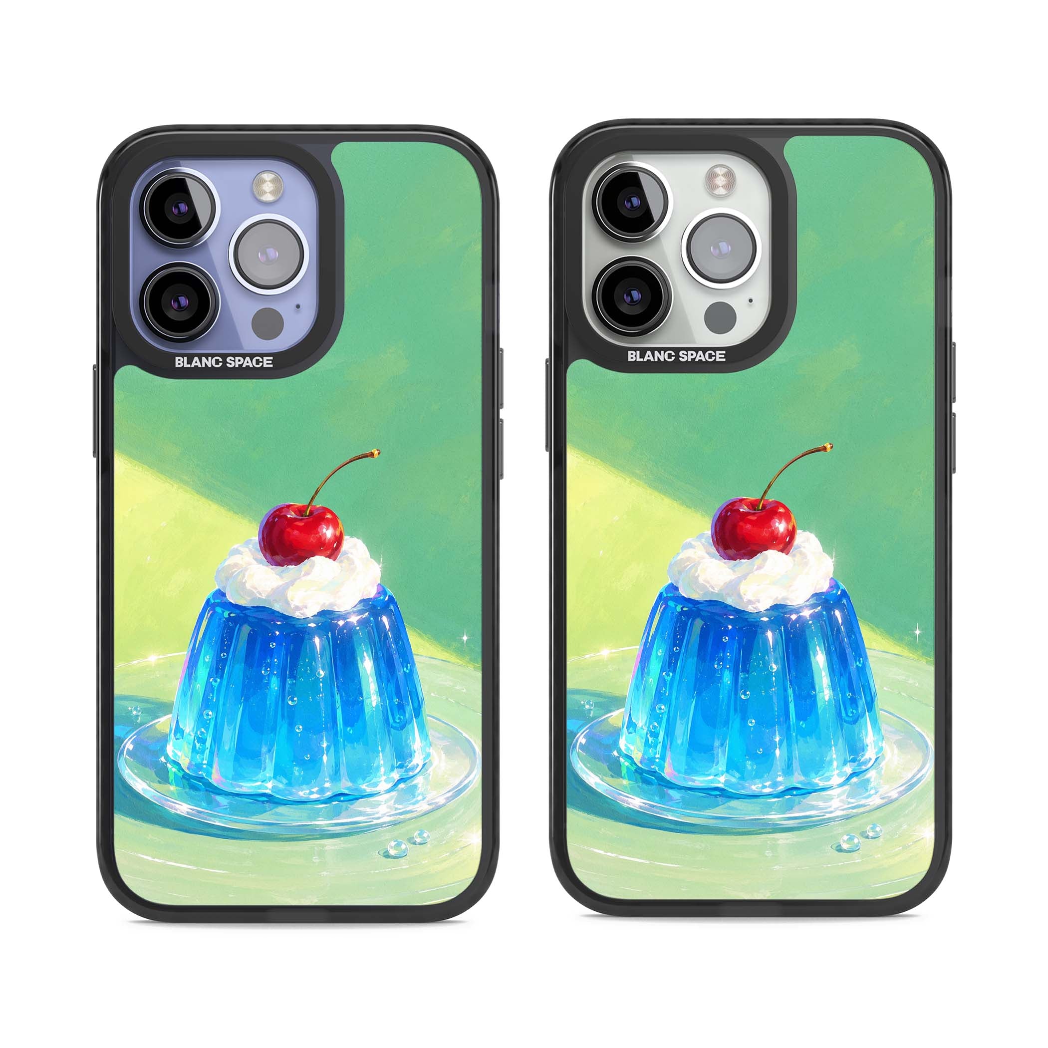 Cherry Jelly kawaii dessert iPhone case featuring blue jelly pudding, whipped cream and a red cherry | Black Impact case for iPhone 13 Pro, iPhone 14 Pro, iPhone 15 Pro