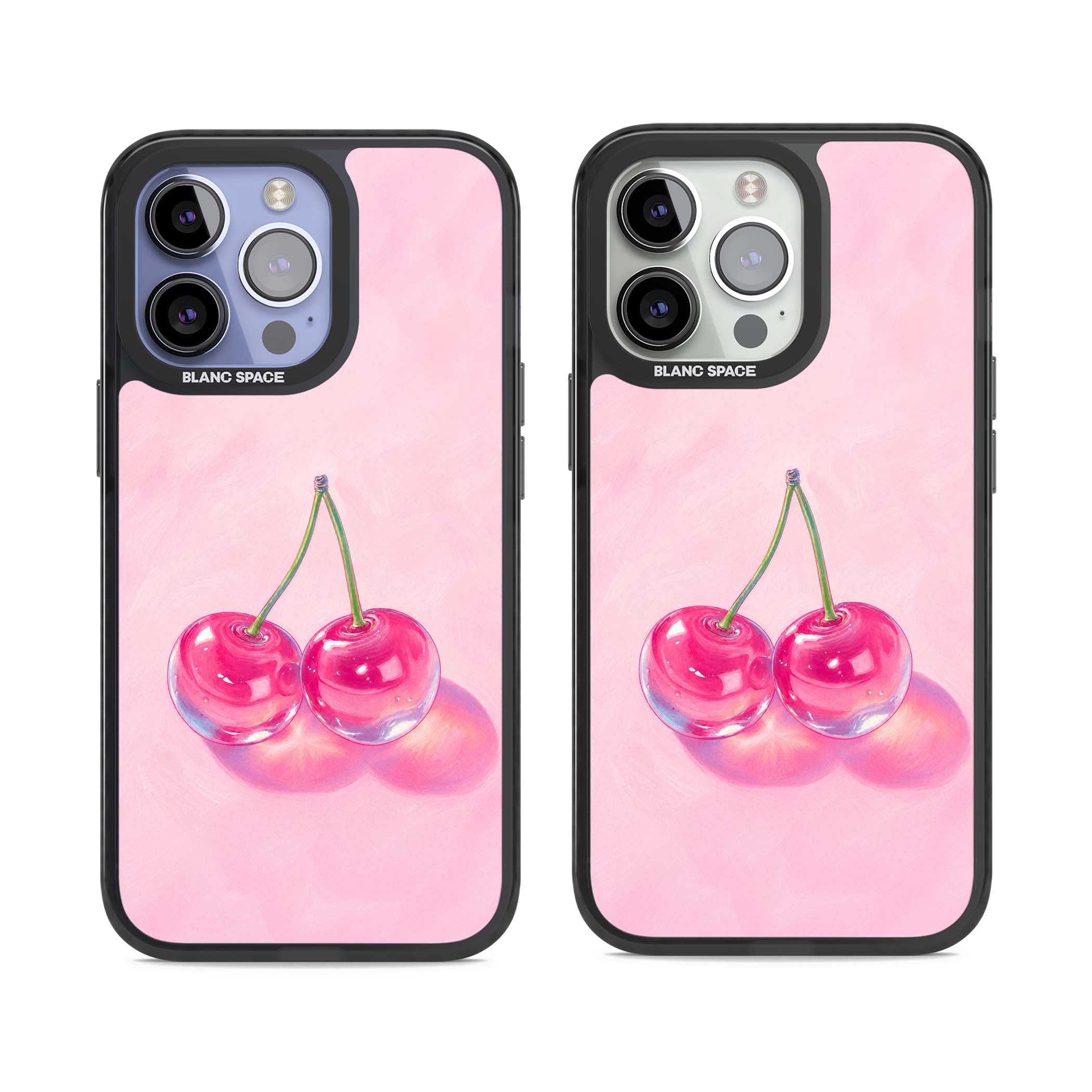 Pink Glass Cherry coquette iPhone case featuring two glossy painted cherries on a soft pink background | Black Impact case for iPhone 13 Pro, iPhone 14 Pro, iPhone 15 Pro