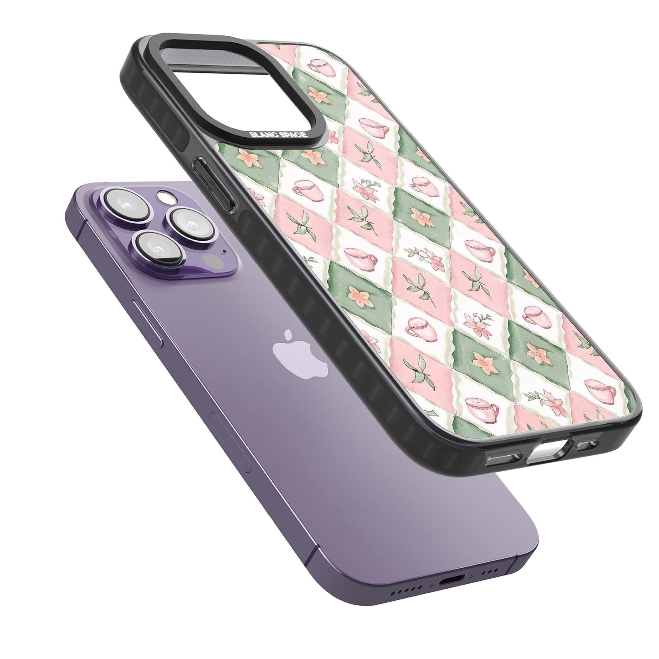Garden Tea Party coquette iPhone case with pink and green checkered pattern, watercolour teacups and wildflowers | Black Impact case for iPhone 13 Pro, iPhone 14 Pro, iPhone 15 Pro