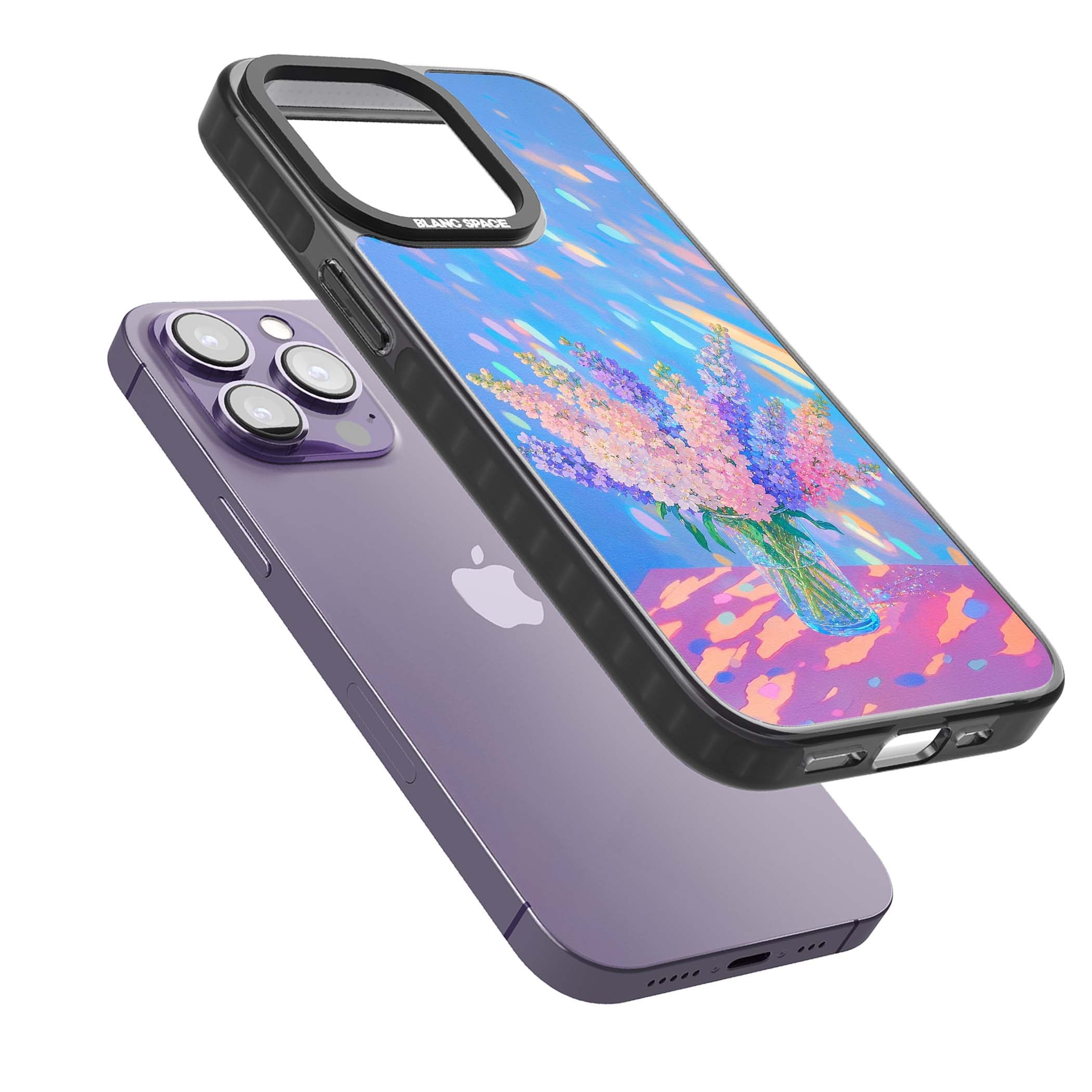 Bubblegum Flowers floral iPhone case featuring pastel lilac and pink bouquet in a glass vase with iridescent light | Black Impact case for iPhone 13 Pro, iPhone 14 Pro, iPhone 15 Pro