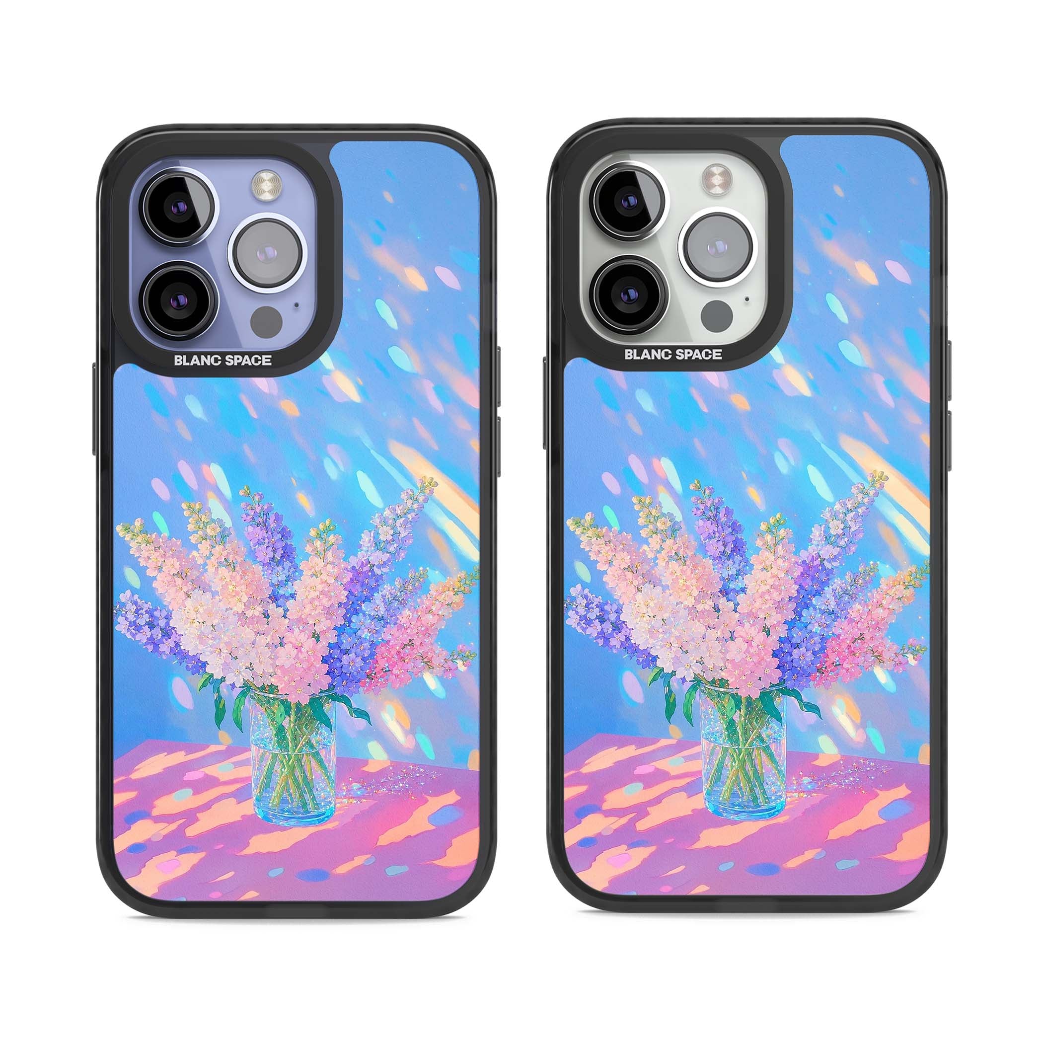 Bubblegum Flowers floral iPhone case featuring pastel lilac and pink bouquet in a glass vase with iridescent light | Black Impact case for iPhone 13 Pro, iPhone 14 Pro, iPhone 15 Pro