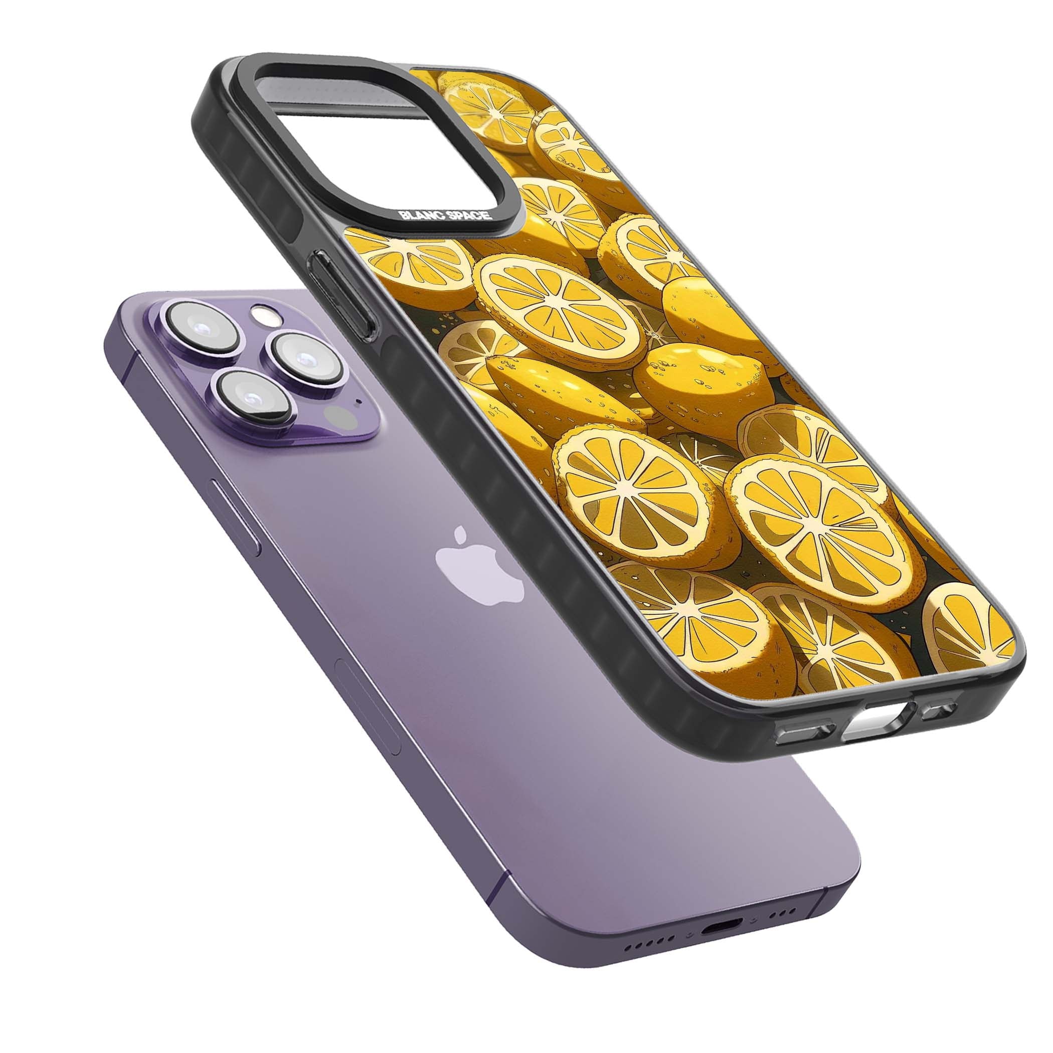 Zesty coastal iPhone case featuring illustrated Mediterranean lemons and citrus slices in golden yellow | Black Impact case for iPhone 13 Pro, iPhone 14 Pro, iPhone 15 Pro