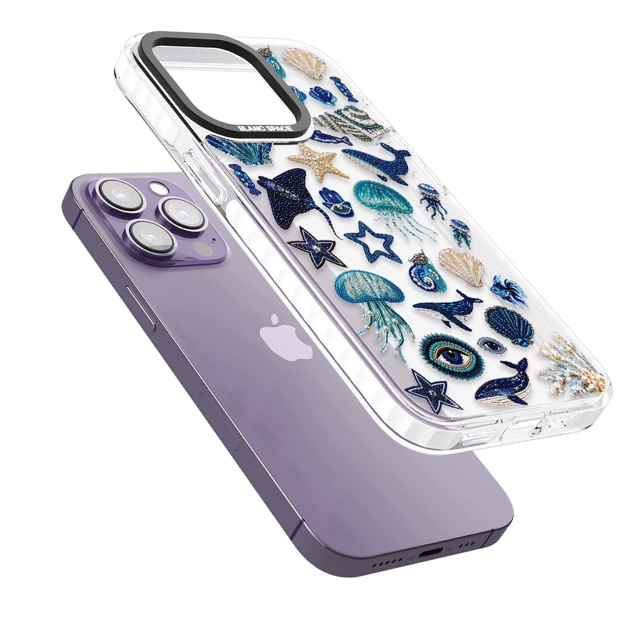 Beaded Coastal coastal iPhone case featuring embroidered seashells, jellyfish and a blue whale on clear | Clear Impact case for iPhone 13 Pro, iPhone 14 Pro, iPhone 15 Pro
