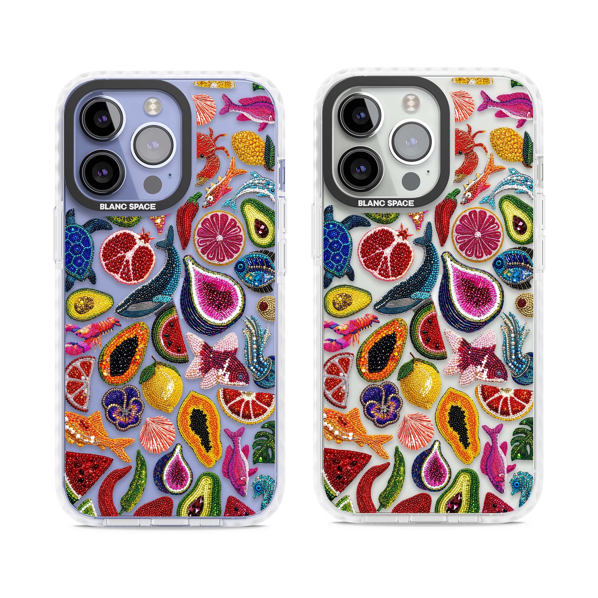 Beaded Tropic tropical iPhone case featuring beaded fruit, fish, crabs and seashells in vibrant colour | Clear Impact case for iPhone 13 Pro, iPhone 14 Pro, iPhone 15 Pro