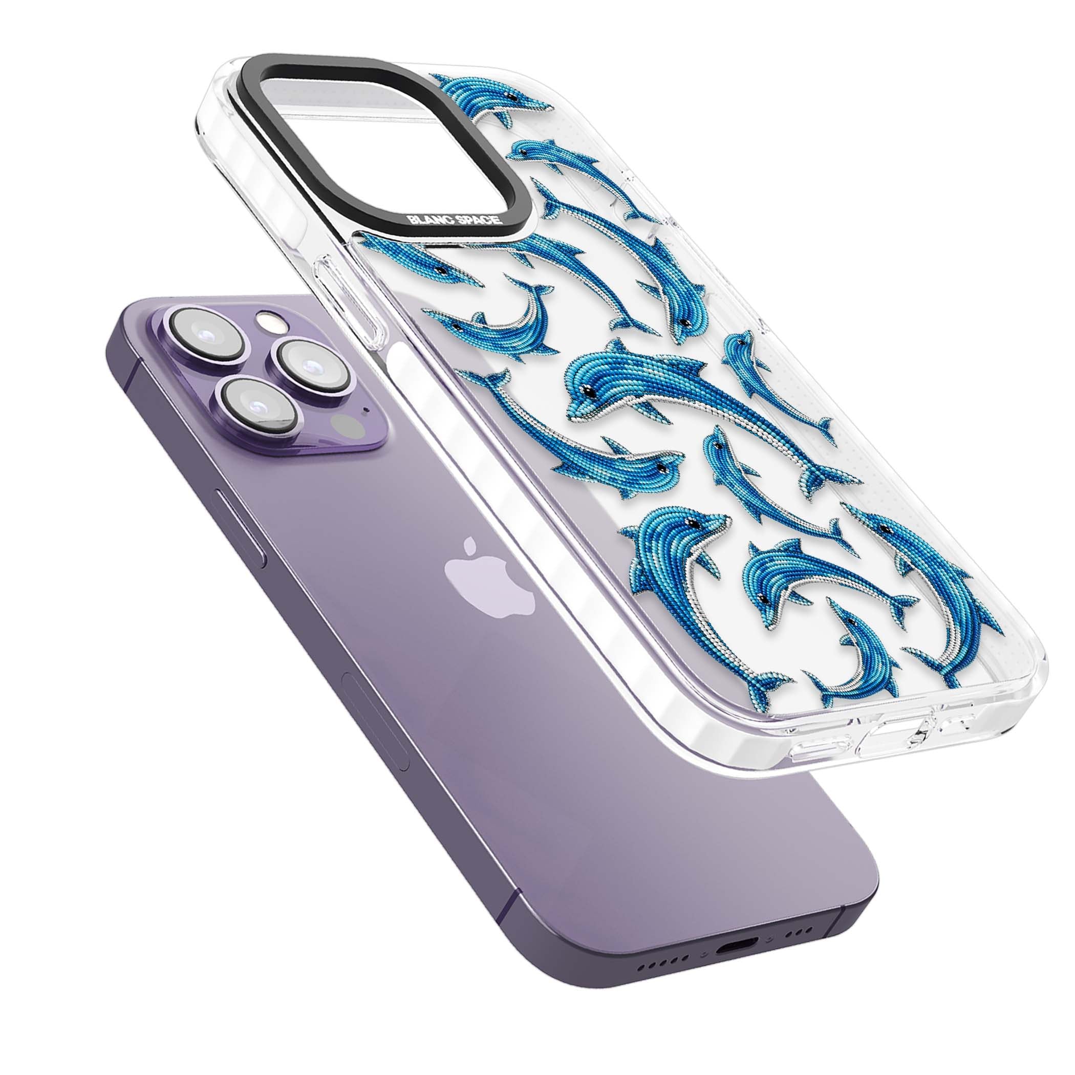 Beaded Dolphins coastal iPhone case featuring beaded dolphins in blue and white swimming across a clear background | Clear Impact case for iPhone 13 Pro, iPhone 14 Pro, iPhone 15 Pro