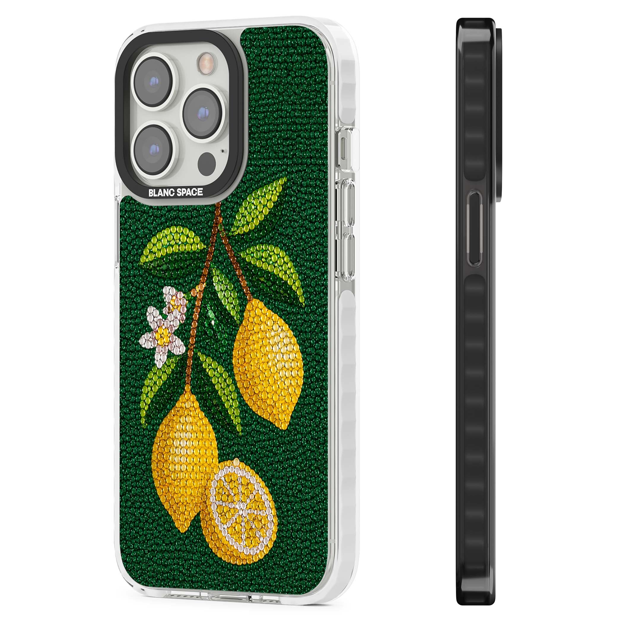 Beaded Lemons coastal iPhone case featuring crystal-beaded lemons, citrus blossom and green leaves on emerald ground | Clear Impact case for iPhone 13 Pro, iPhone 14 Pro, iPhone 15 Pro