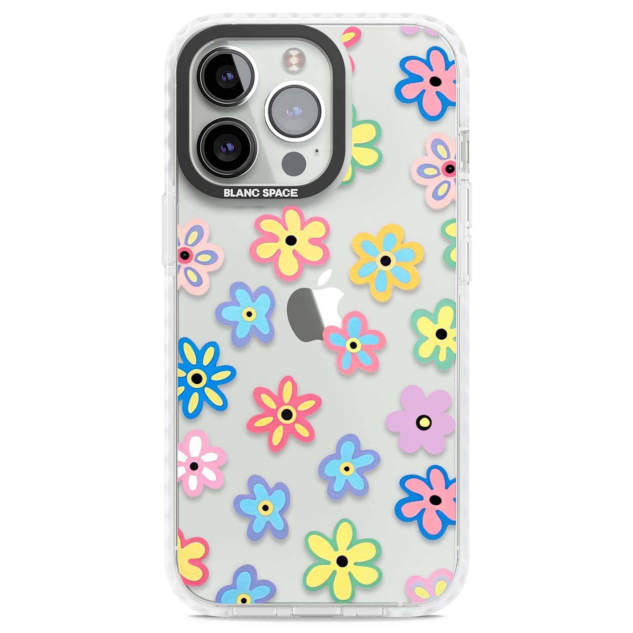 Bloom Pop cottagecore iPhone case featuring multicolor pastel flowers with black centers on clear background | Clear Impact case for iPhone 13 Pro, iPhone 14 Pro, iPhone 15 Pro