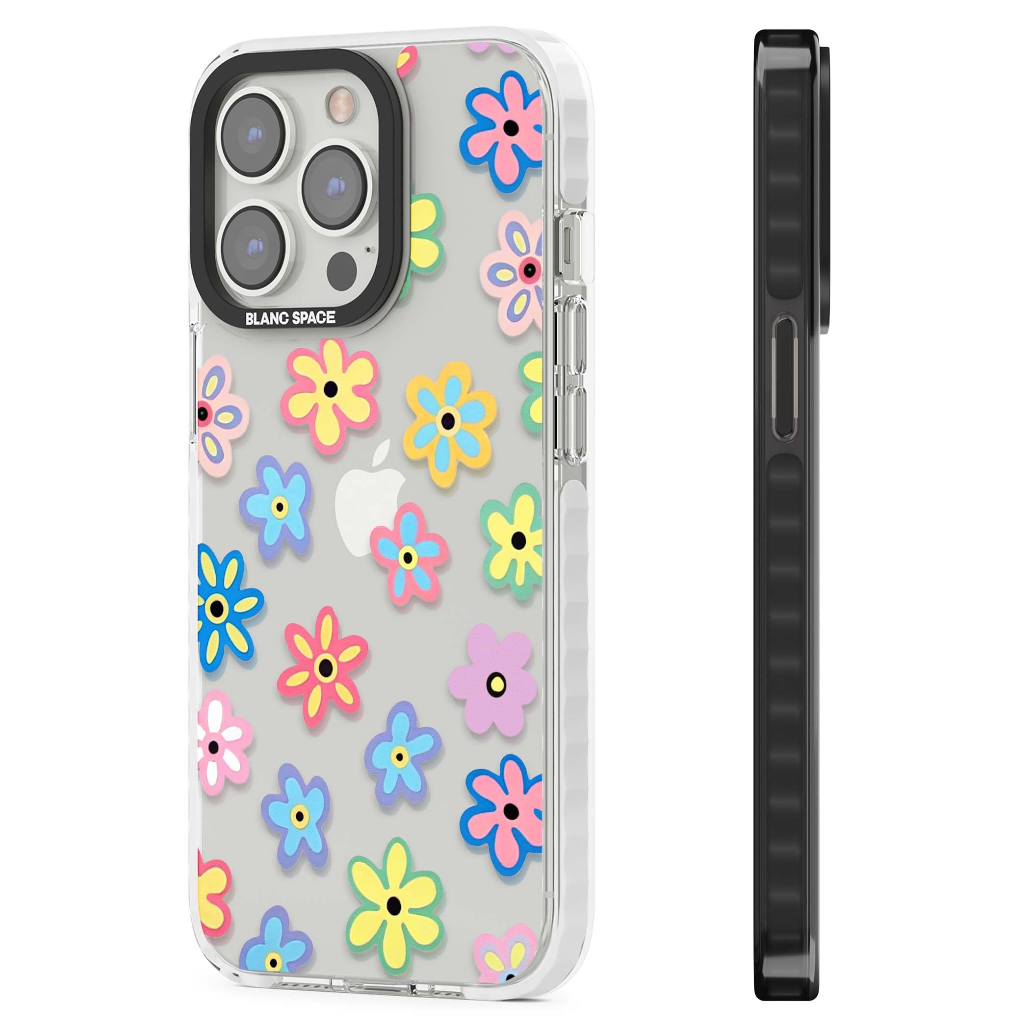 Bloom Pop cottagecore iPhone case featuring multicolor pastel flowers with black centers on clear background | Clear Impact case for iPhone 13 Pro, iPhone 14 Pro, iPhone 15 Pro