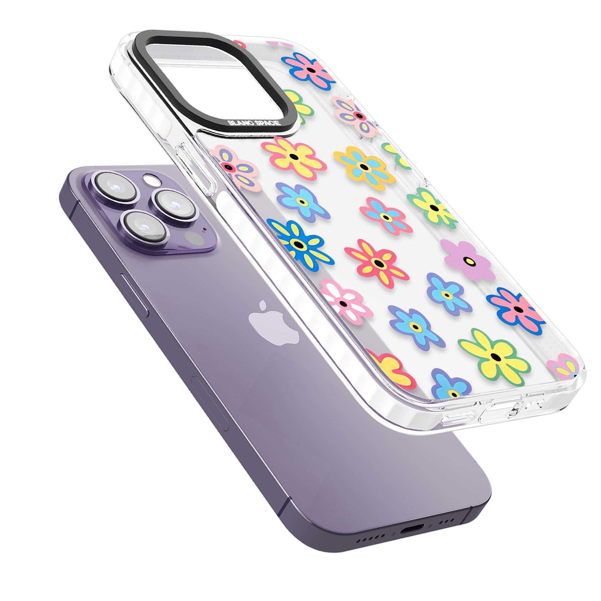 Bloom Pop cottagecore iPhone case featuring multicolor pastel flowers with black centers on clear background | Clear Impact case for iPhone 13 Pro, iPhone 14 Pro, iPhone 15 Pro