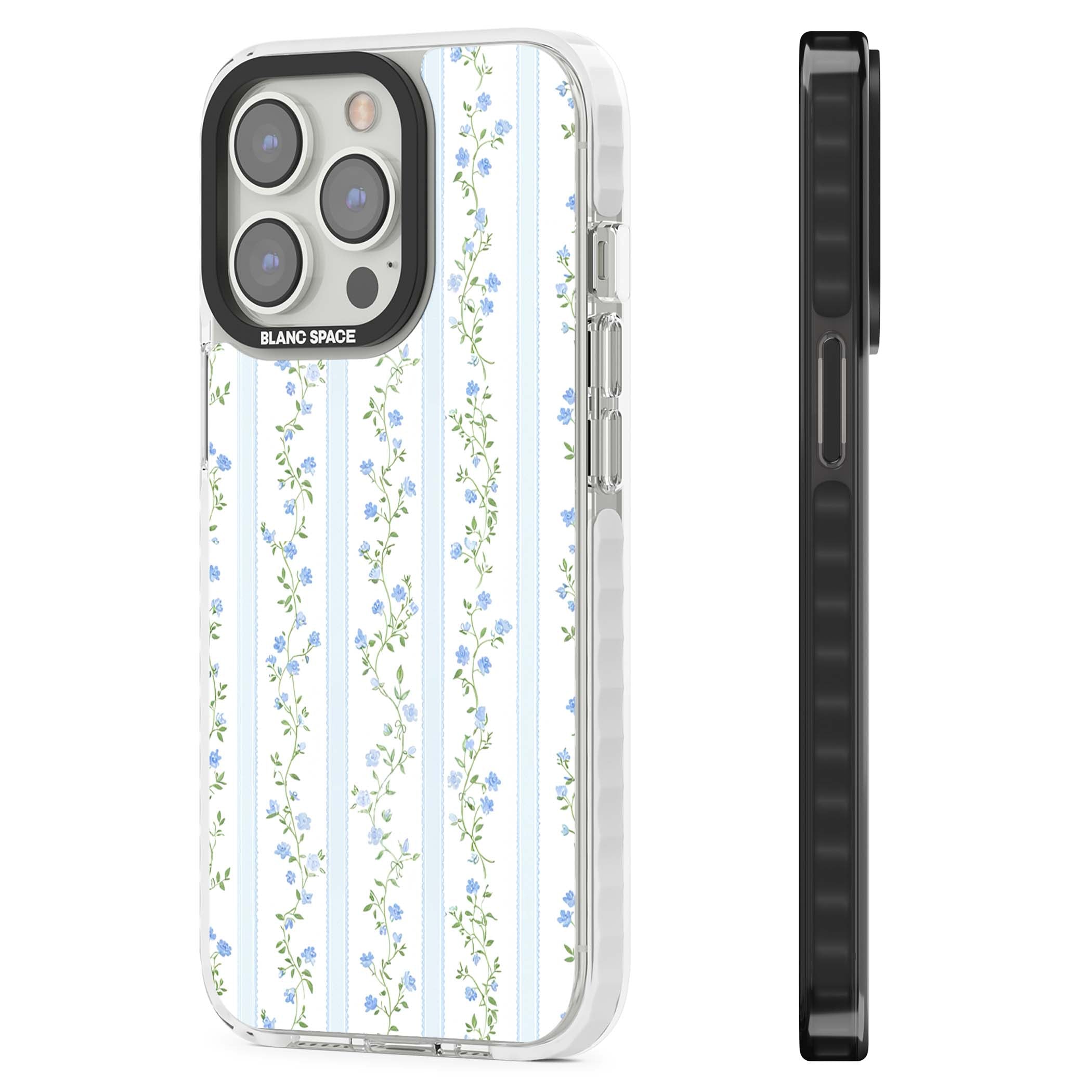 Bluebell Vine cottagecore iPhone case featuring climbing blue roses, trailing green vines, and pale ticking stripes | Clear Impact case for iPhone 13 Pro, iPhone 14 Pro, iPhone 15 Pro