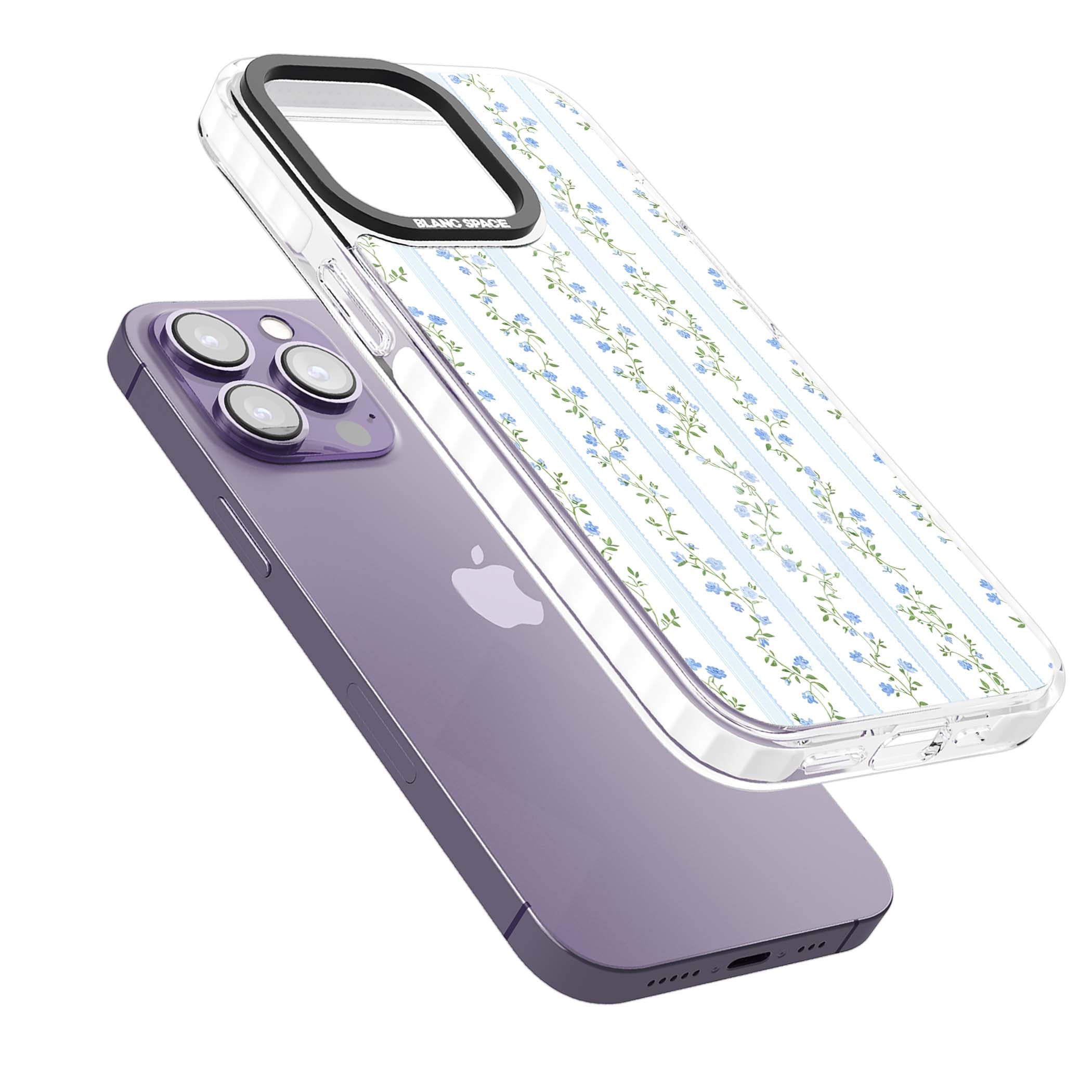 Bluebell Vine cottagecore iPhone case featuring climbing blue roses, trailing green vines, and pale ticking stripes | Clear Impact case for iPhone 13 Pro, iPhone 14 Pro, iPhone 15 Pro