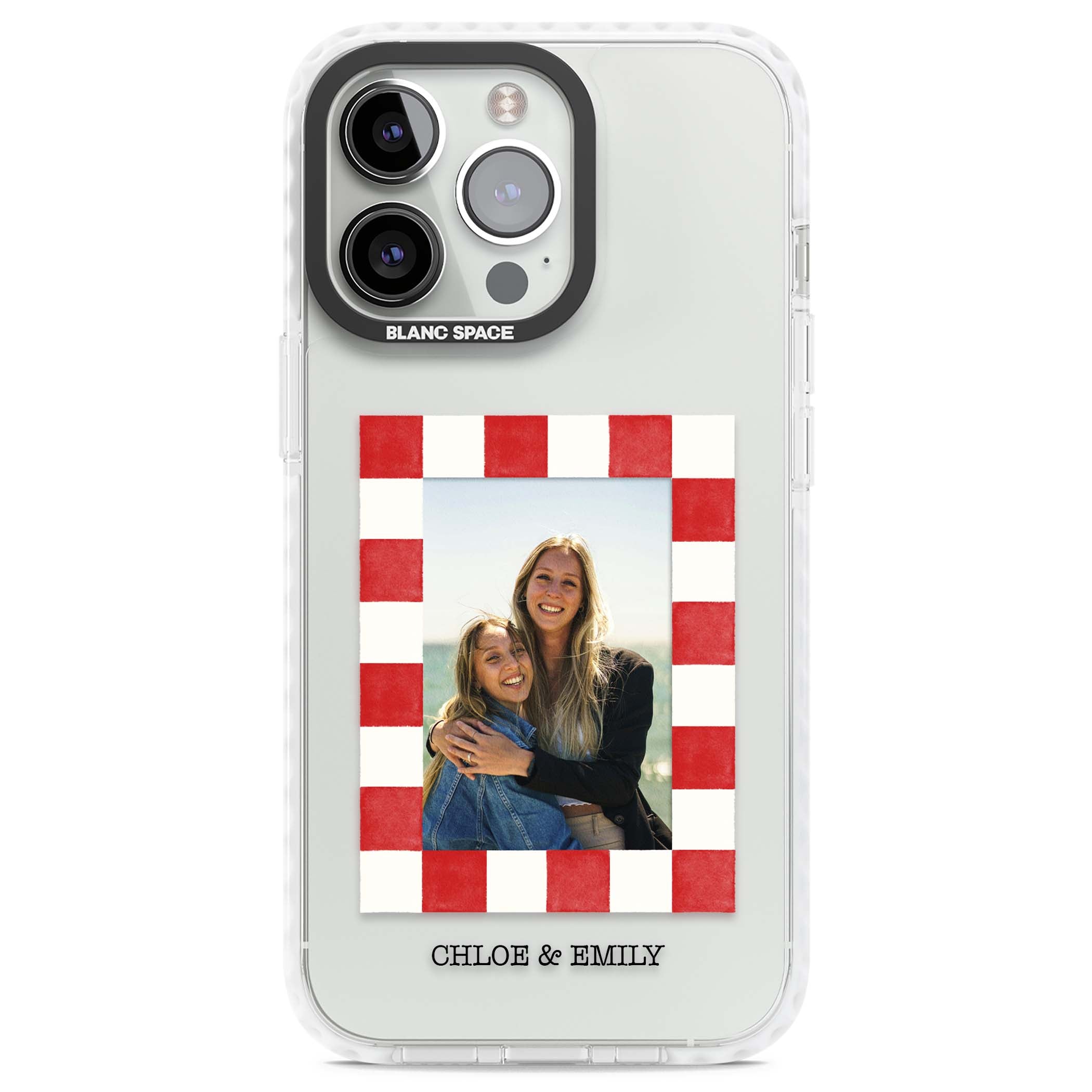 Red Check Photo personalised photo iPhone case with red and white checkered polaroid frame and custom couple name | Clear Impact case for iPhone 13 Pro, iPhone 14 Pro, iPhone 15 Pro