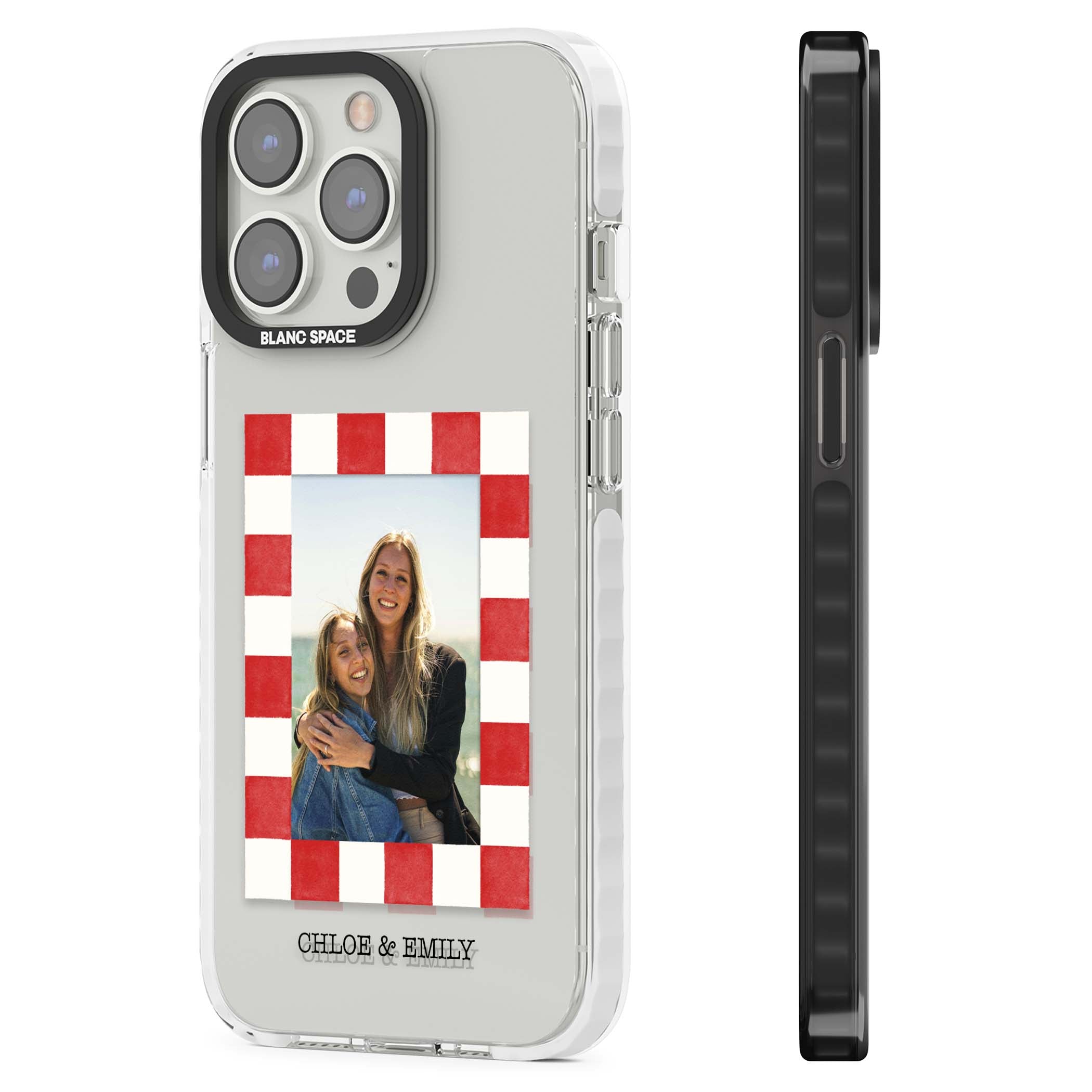 Red Check Photo personalised photo iPhone case with red and white checkered polaroid frame and custom couple name | Clear Impact case for iPhone 13 Pro, iPhone 14 Pro, iPhone 15 Pro