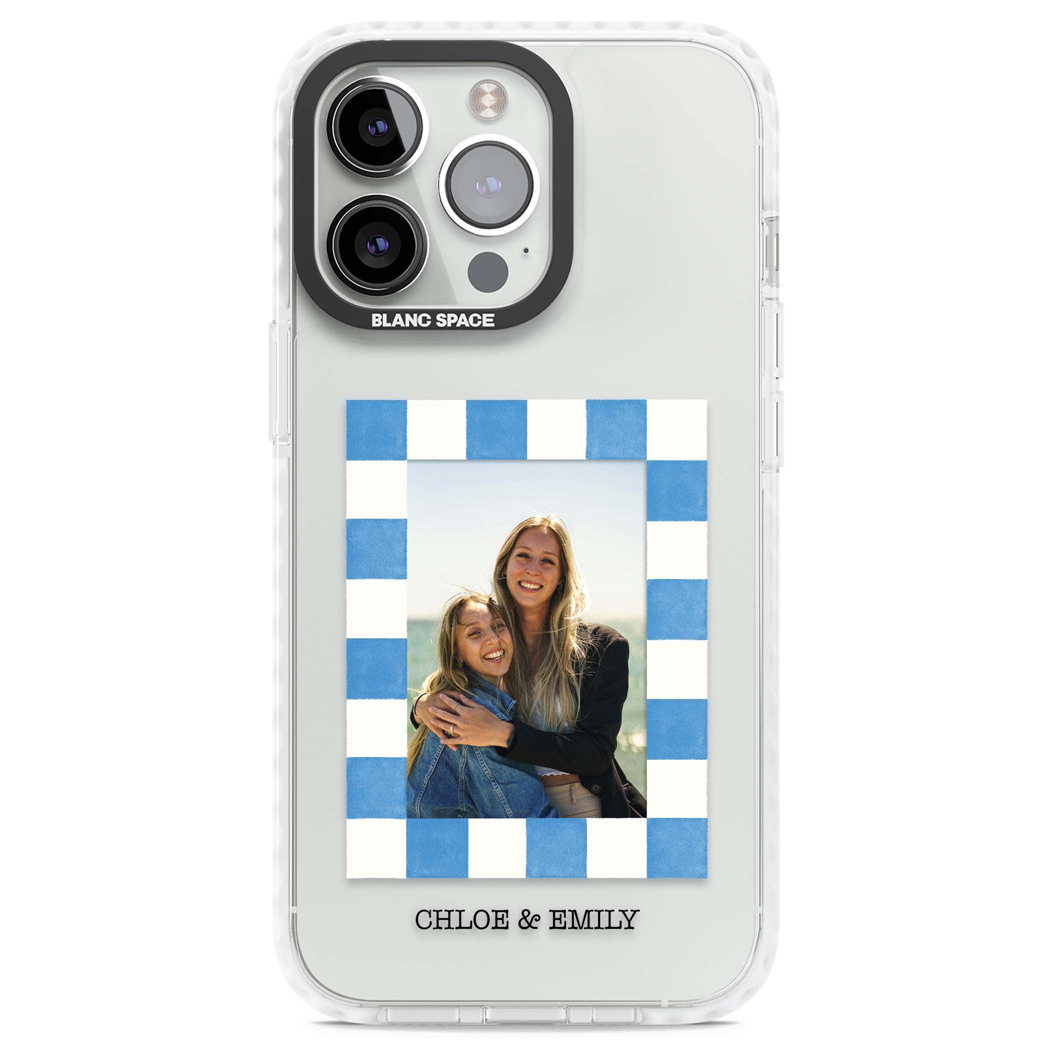 Blue Check Photo personalised photo iPhone case with blue checkered frame and custom couple names | Clear Impact case for iPhone 13 Pro, iPhone 14 Pro, iPhone 15 Pro