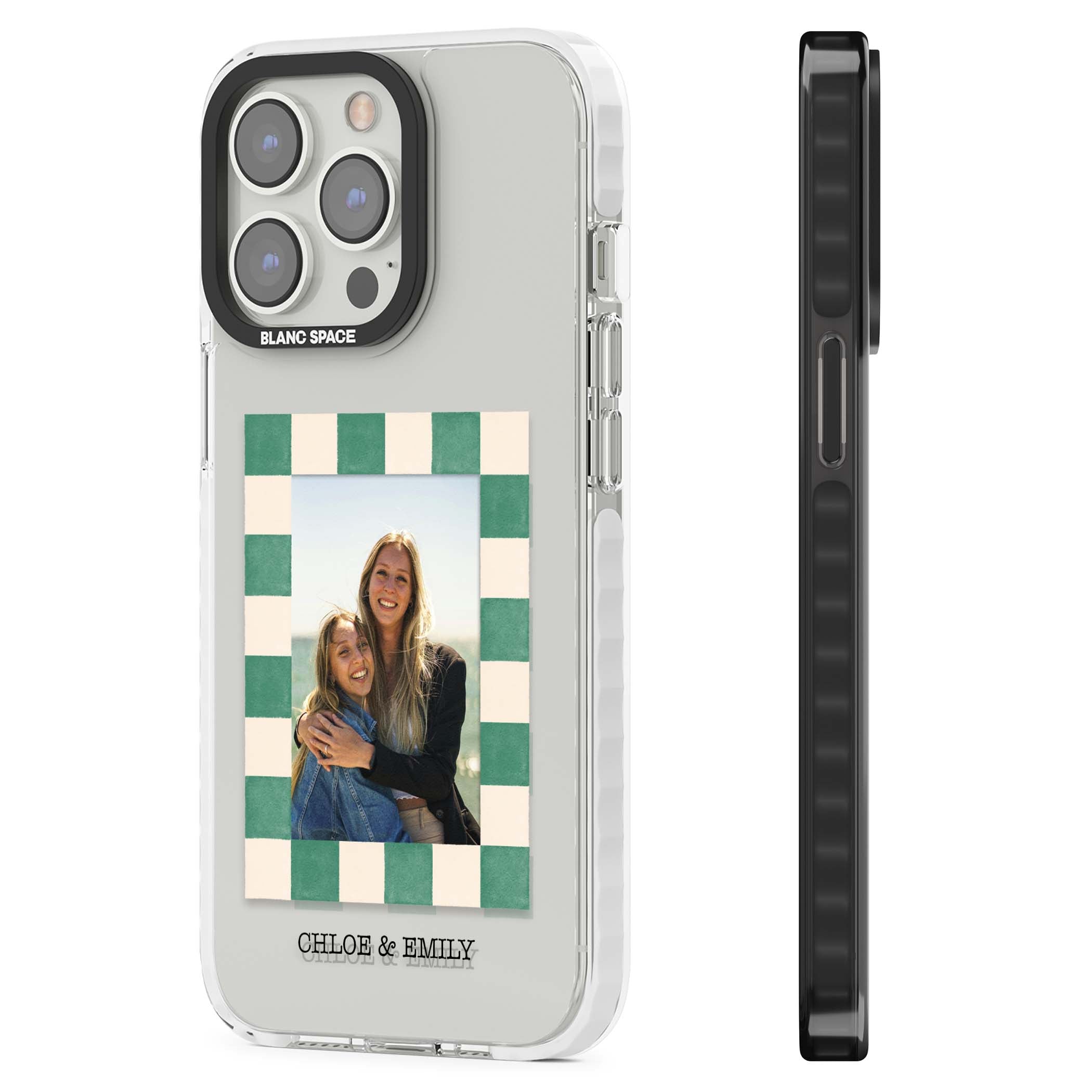 Seafoam Check Photo personalised iPhone case featuring a custom polaroid photo, green and cream checkered frame, and custom n | Clear Impact case for iPhone 13 Pro, iPhone 14 Pro, iPhone 15 Pro
