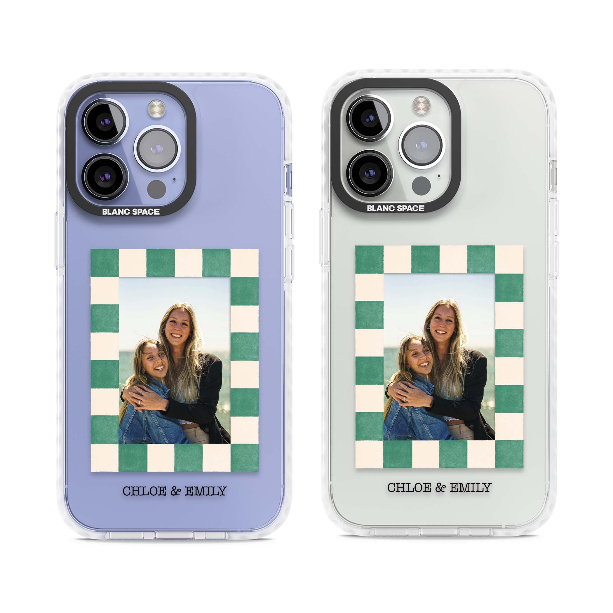 Seafoam Check Photo personalised iPhone case featuring a custom polaroid photo, green and cream checkered frame, and custom n | Clear Impact case for iPhone 13 Pro, iPhone 14 Pro, iPhone 15 Pro