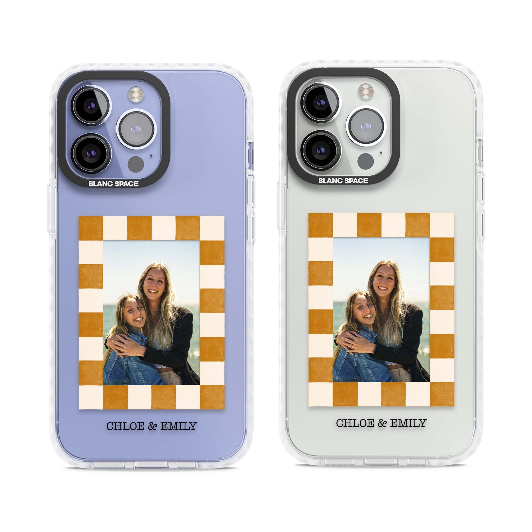 Citrus Check Photo personalised iPhone case with custom photo, orange checkered frame and names underneath | Clear Impact case for iPhone 13 Pro, iPhone 14 Pro, iPhone 15 Pro