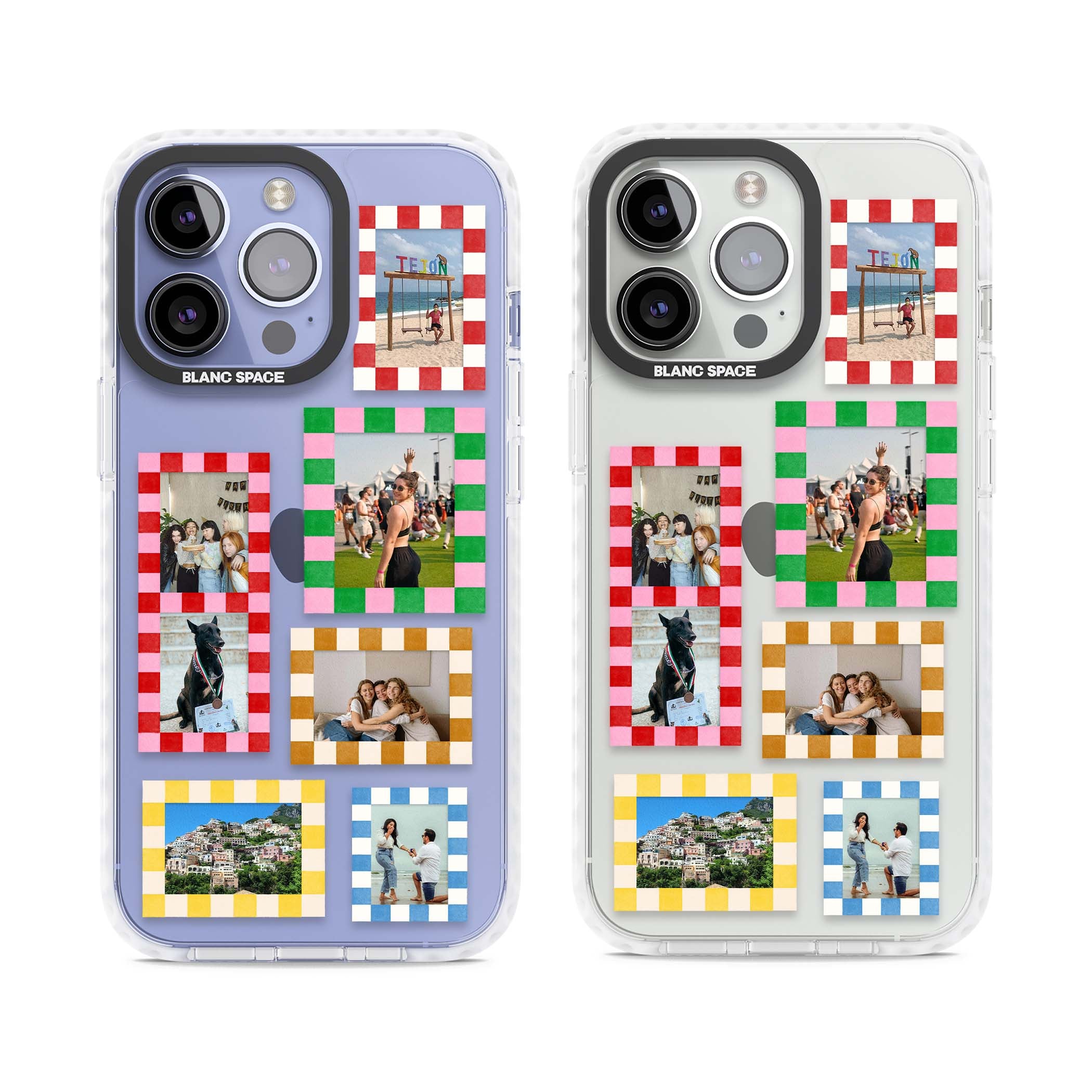 Italian Check Frames custom photo collage iPhone case featuring six checkered photo frames in red, green, pink and | Clear Impact case for iPhone 13 Pro, iPhone 14 Pro, iPhone 15 Pro