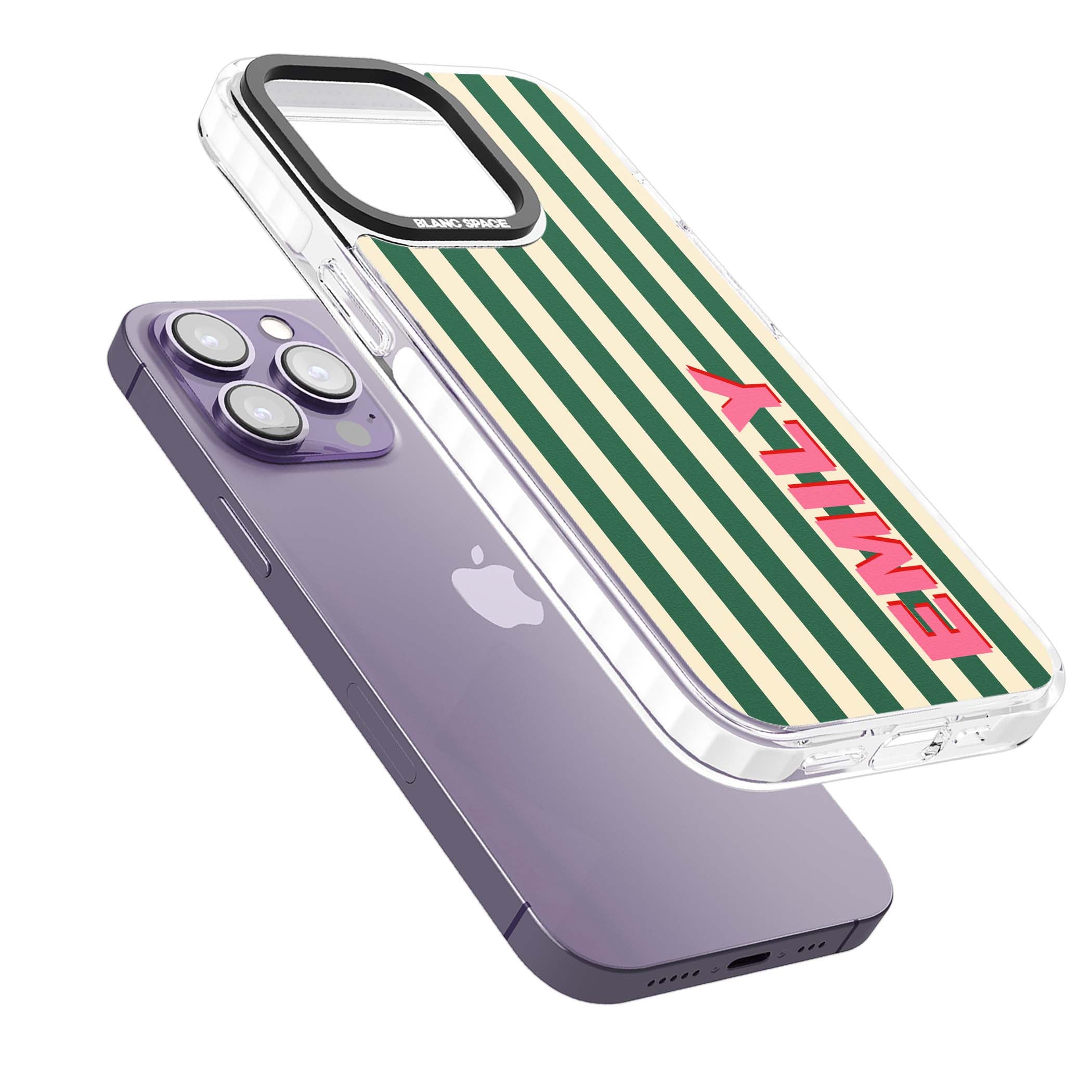Wimbledon Stripe preppy iPhone case featuring green and cream vertical stripes with a personalised pink name | Clear Impact case for iPhone 13 Pro, iPhone 14 Pro, iPhone 15 Pro