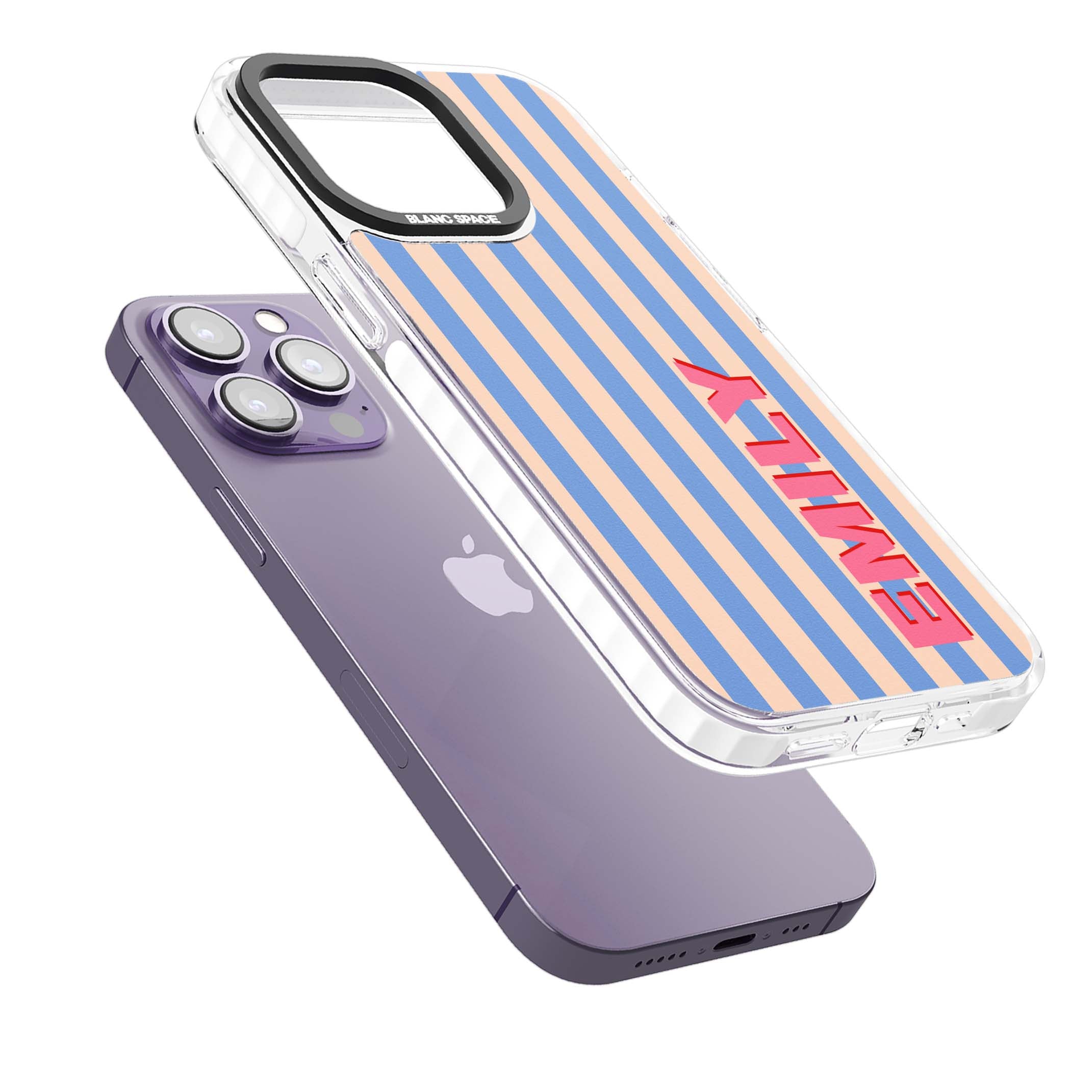 Coastal Stripe personalised coastal iPhone case with blue and peach vertical stripes and custom pink name | Clear Impact case for iPhone 13 Pro, iPhone 14 Pro, iPhone 15 Pro