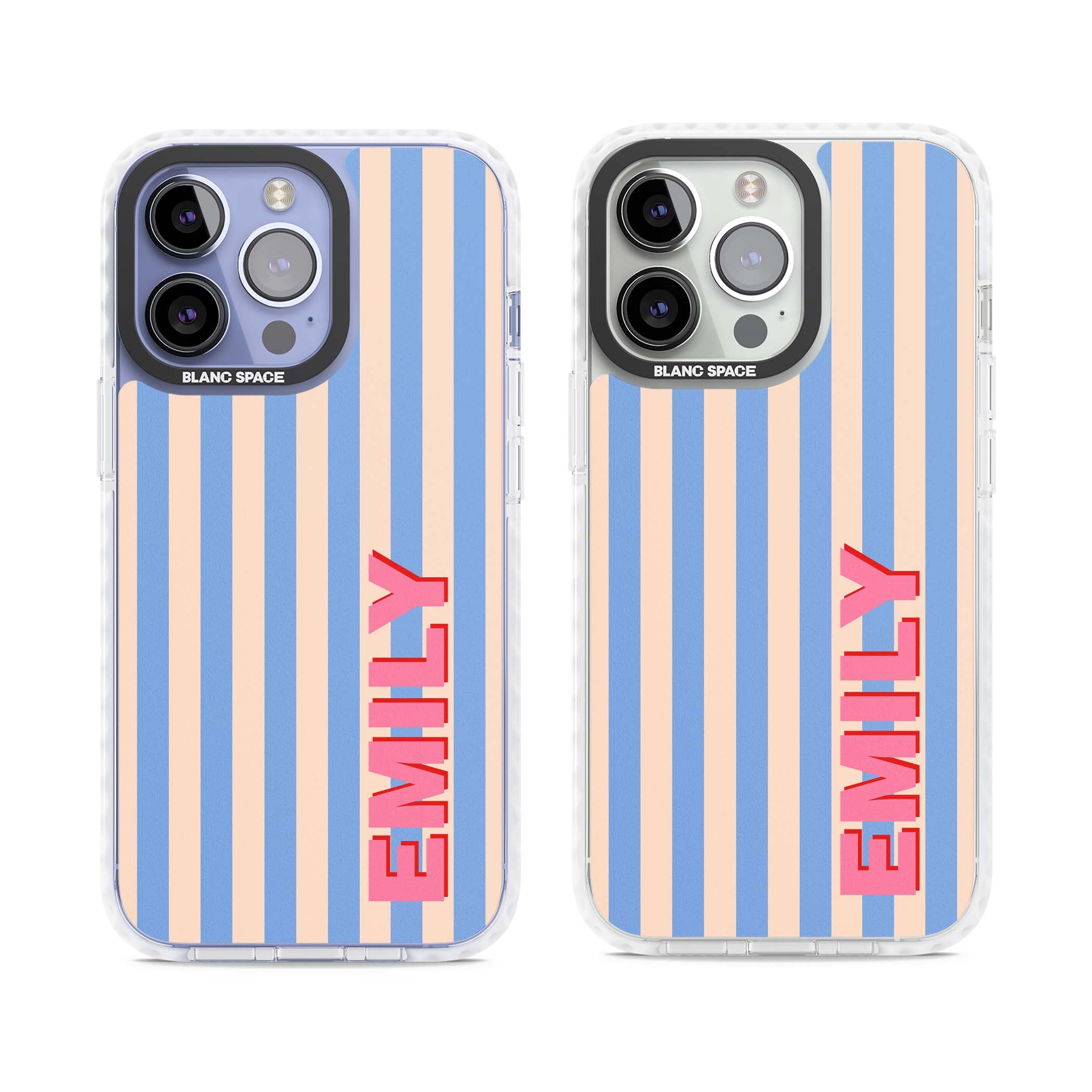 Coastal Stripe personalised coastal iPhone case with blue and peach vertical stripes and custom pink name | Clear Impact case for iPhone 13 Pro, iPhone 14 Pro, iPhone 15 Pro