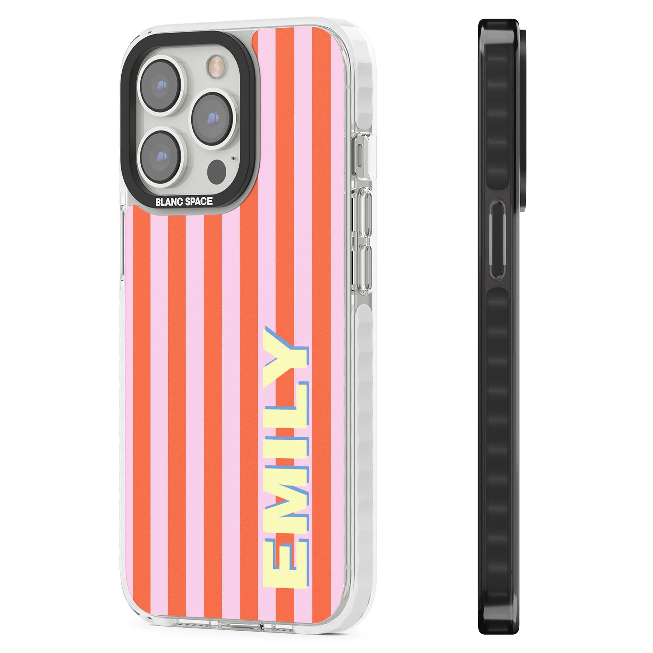 Havana Stripe personalised iPhone case featuring pink and orange vertical stripes with a custom yellow name | Clear Impact case for iPhone 13 Pro, iPhone 14 Pro, iPhone 15 Pro