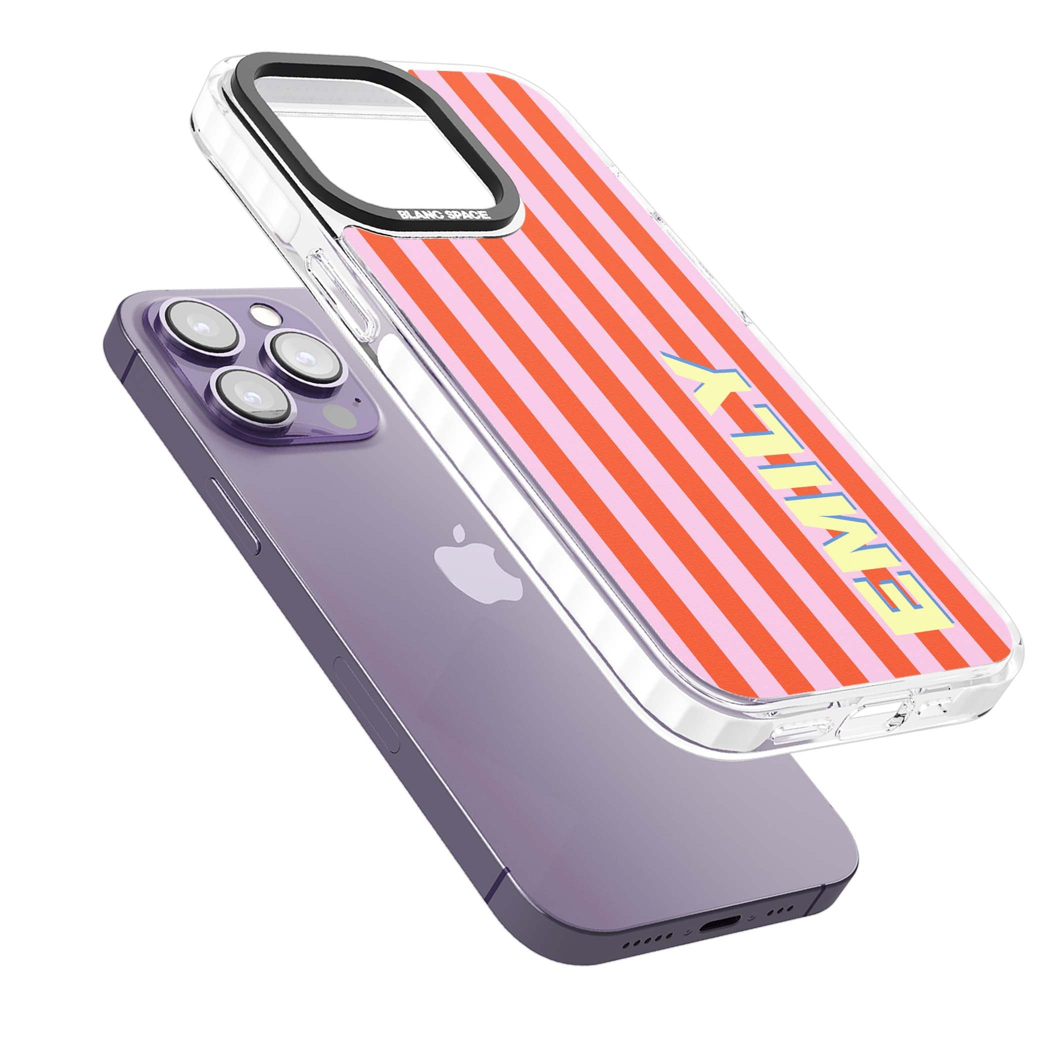 Havana Stripe personalised iPhone case featuring pink and orange vertical stripes with a custom yellow name | Clear Impact case for iPhone 13 Pro, iPhone 14 Pro, iPhone 15 Pro